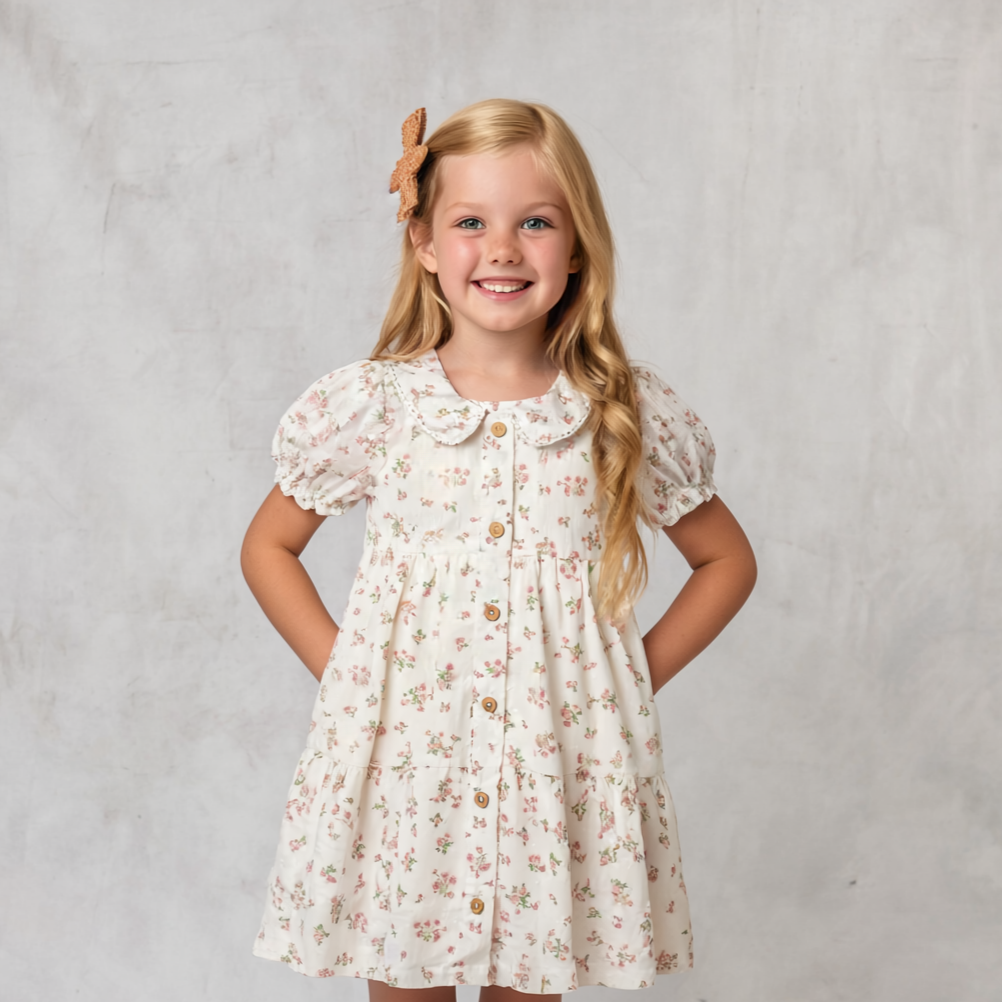 Young girl wearing a floral dress against a plain background