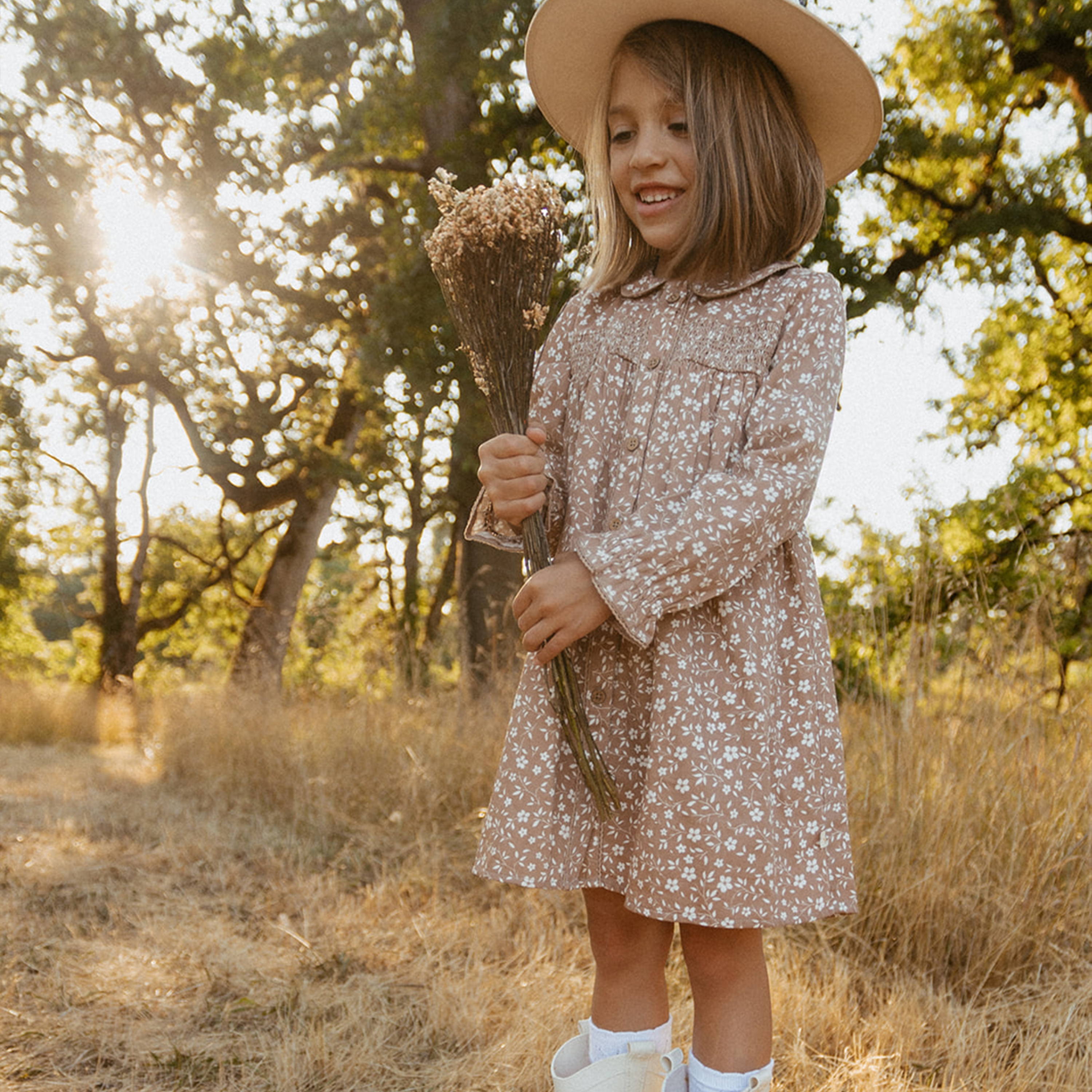Organic Smocked Button Dress - Harvest - Makemake Organics