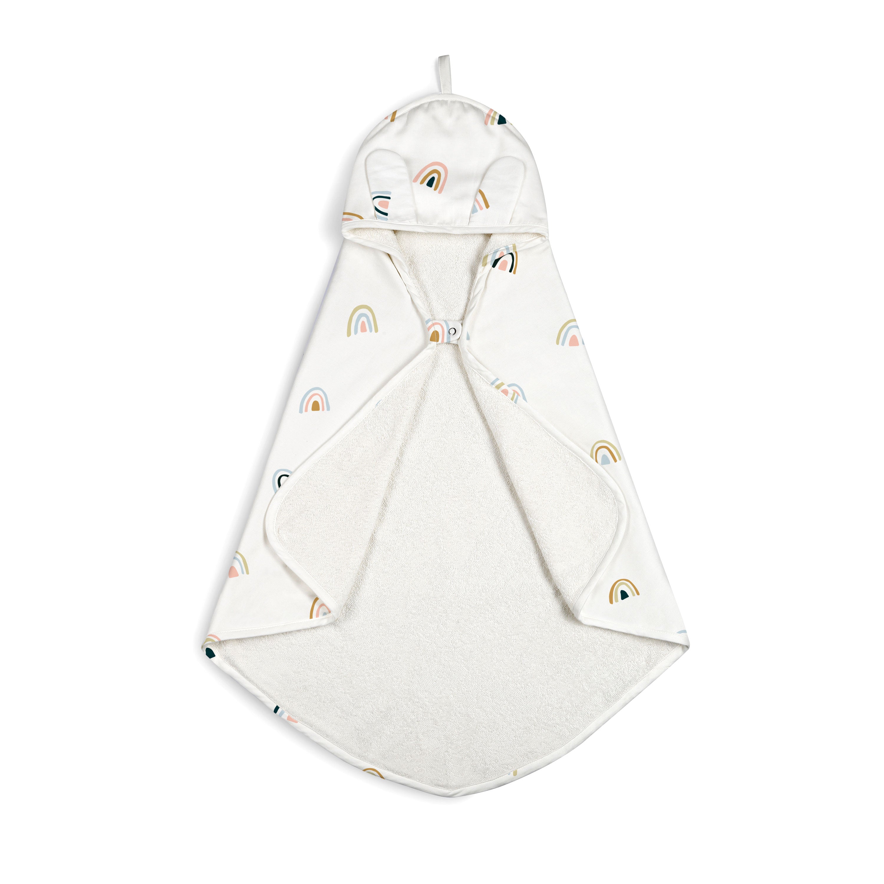 A white Organic Cotton Hooded Baby Towel & Poncho in Rainbow pattern by Makemake Organics is displayed flat against a white background, showcasing its triangular design and snap closures.