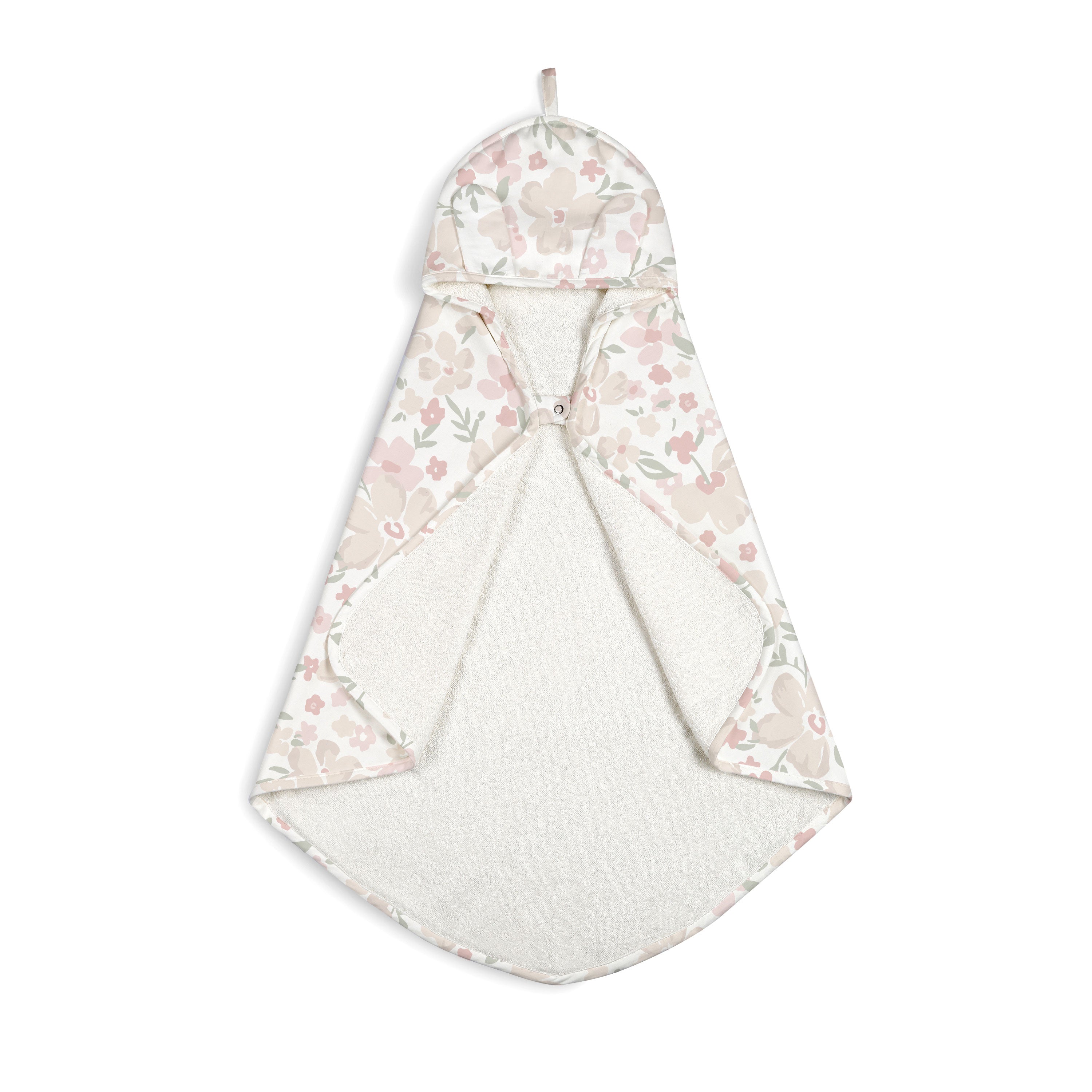 A Makemake Organics Organic Cotton Hooded Baby Towel & Poncho - Blossom with a floral pattern in pink and beige colors, displayed against a white background. the blanket is designed for wrapping a newborn, featuring a zipper for easy access.