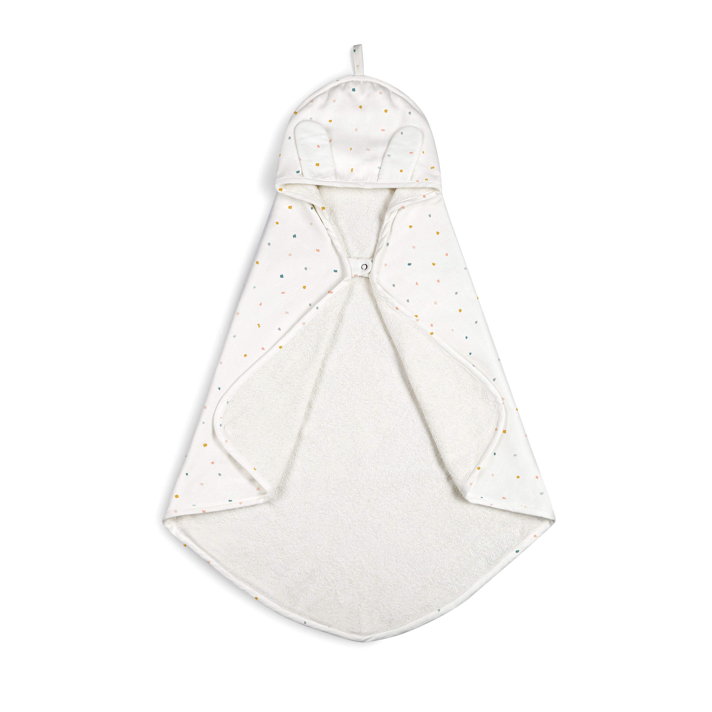A Makemake Organics Organic Cotton Hooded Baby Towel & Poncho - Dotty with a white and multicolored polka dot pattern, designed in a sack-like shape with a hood, displayed on a white background.
