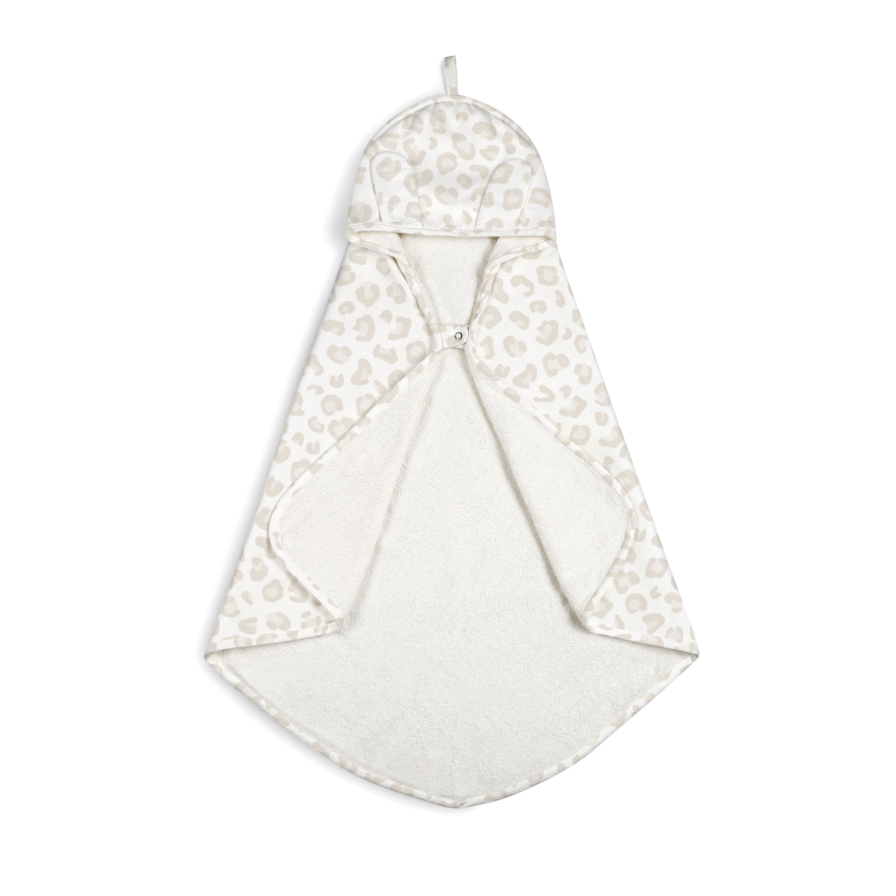 A Organic Cotton Hooded Baby Towel & Poncho - Wild with a beige and white leopard print design, featuring an inverted zipper, displayed on a white background by Makemake Organics.