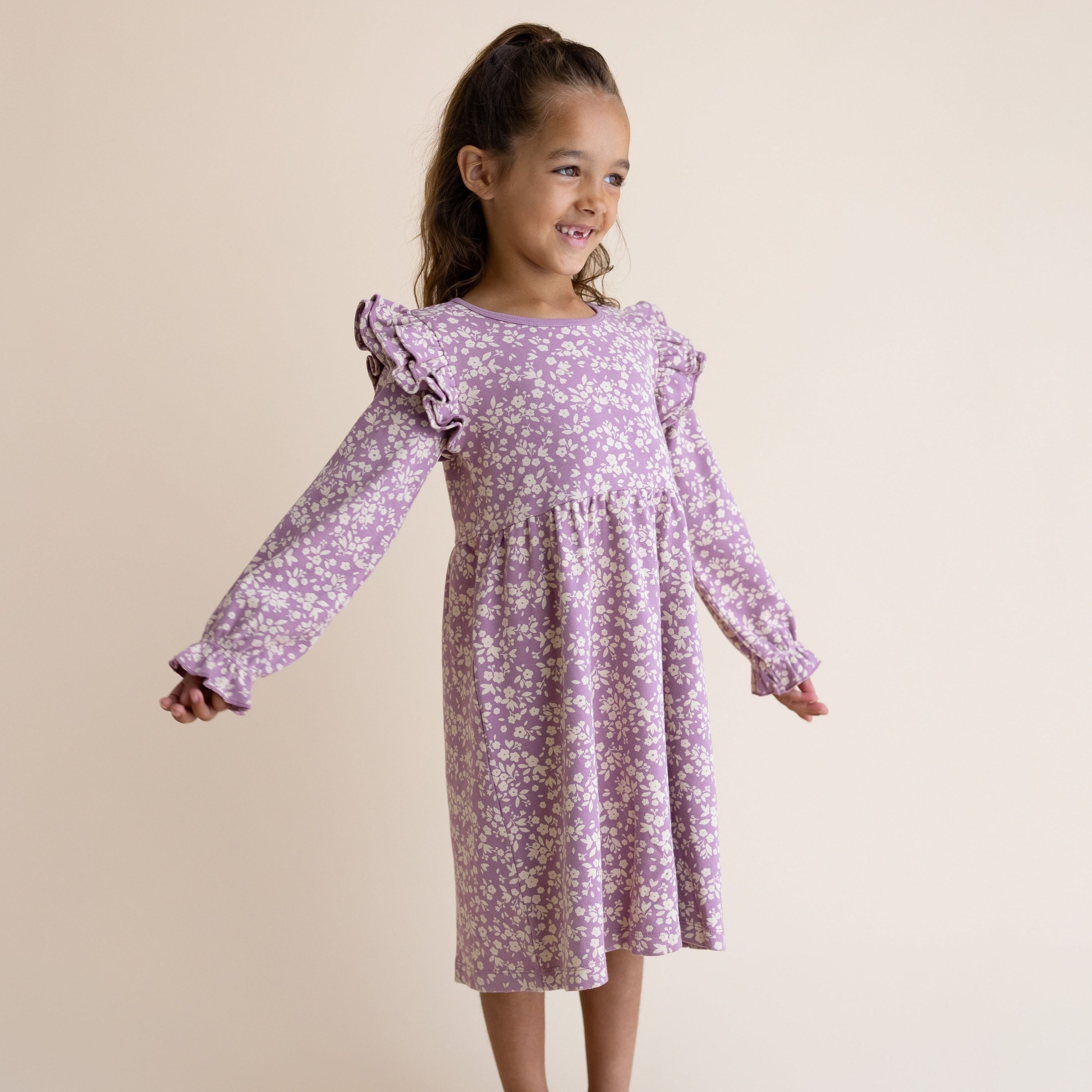 Organic Ruffle Sleeve Dress - Thistle - Makemake Organics