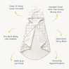 An image of a white hooded Makemake Organics Organic Cotton Baby Towel & Poncho - Plaid, displayed flat. the towel features a checkered trim and includes labeled benefits like absorbency, hypoallergenic material, and suitable for baby and toddler.