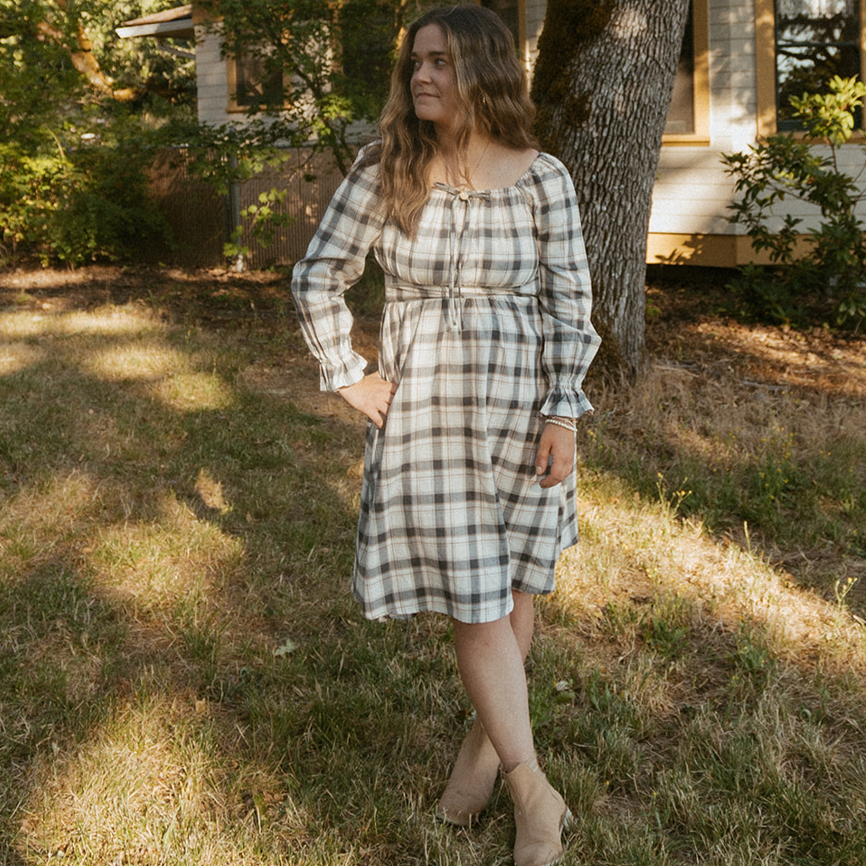 Organic Long Sleeve Ruffle Dress - Plaid Checks - Makemake Organics