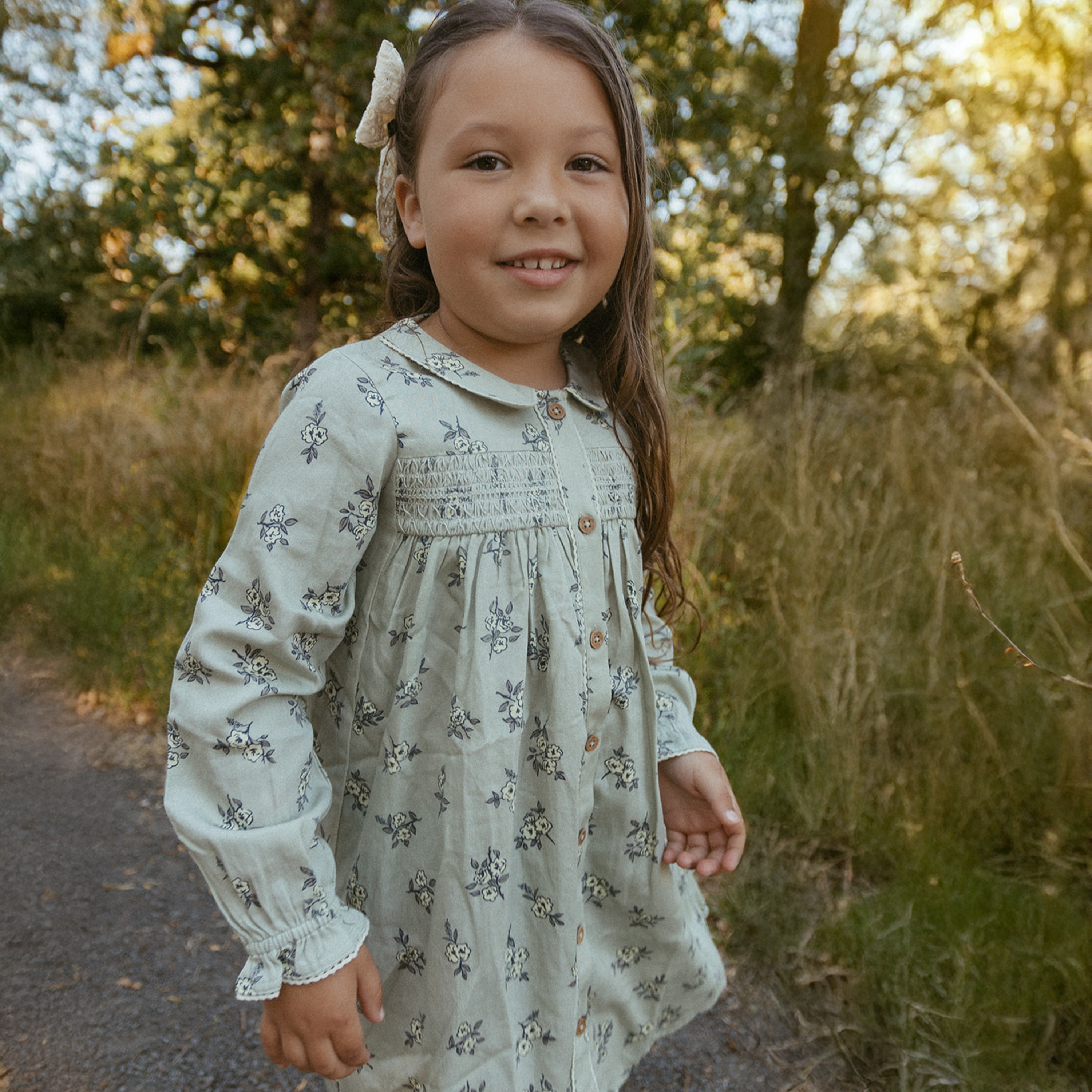 Organic Smocked Button Dress - Sage Bloom - Makemake Organics