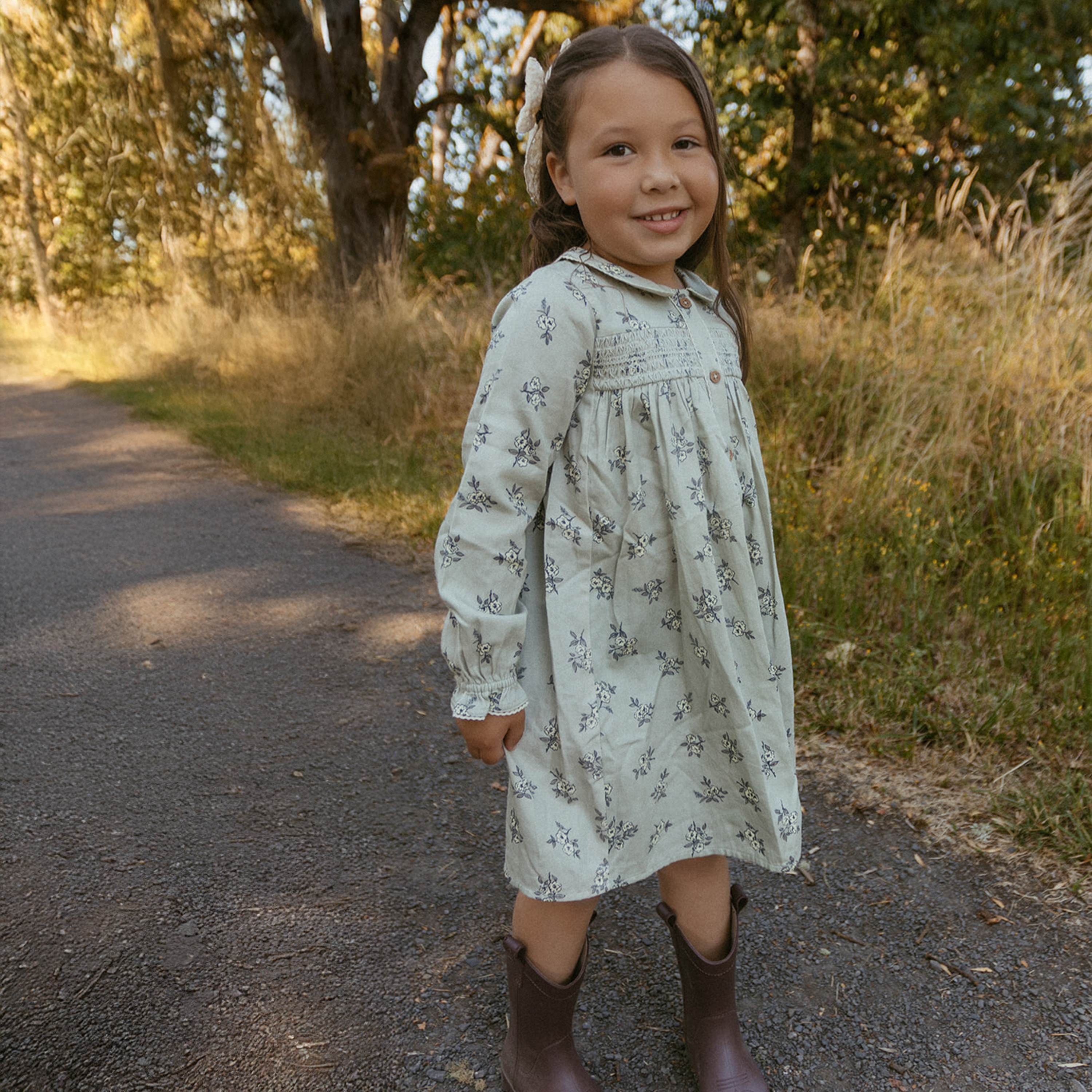 Organic Smocked Button Dress - Sage Bloom - Makemake Organics