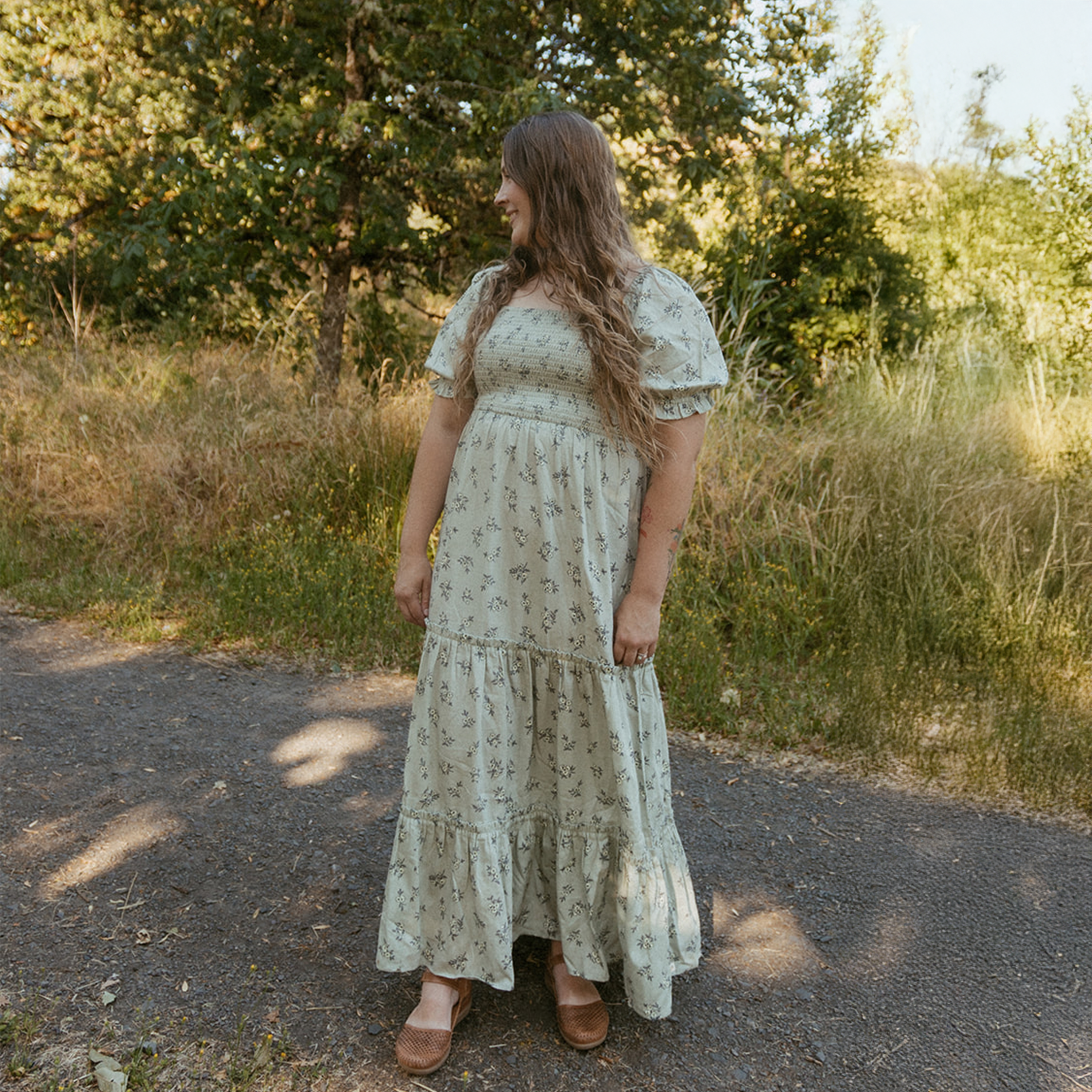 Organic Smocked Tiered Dress - Sage Bloom - Makemake Organics