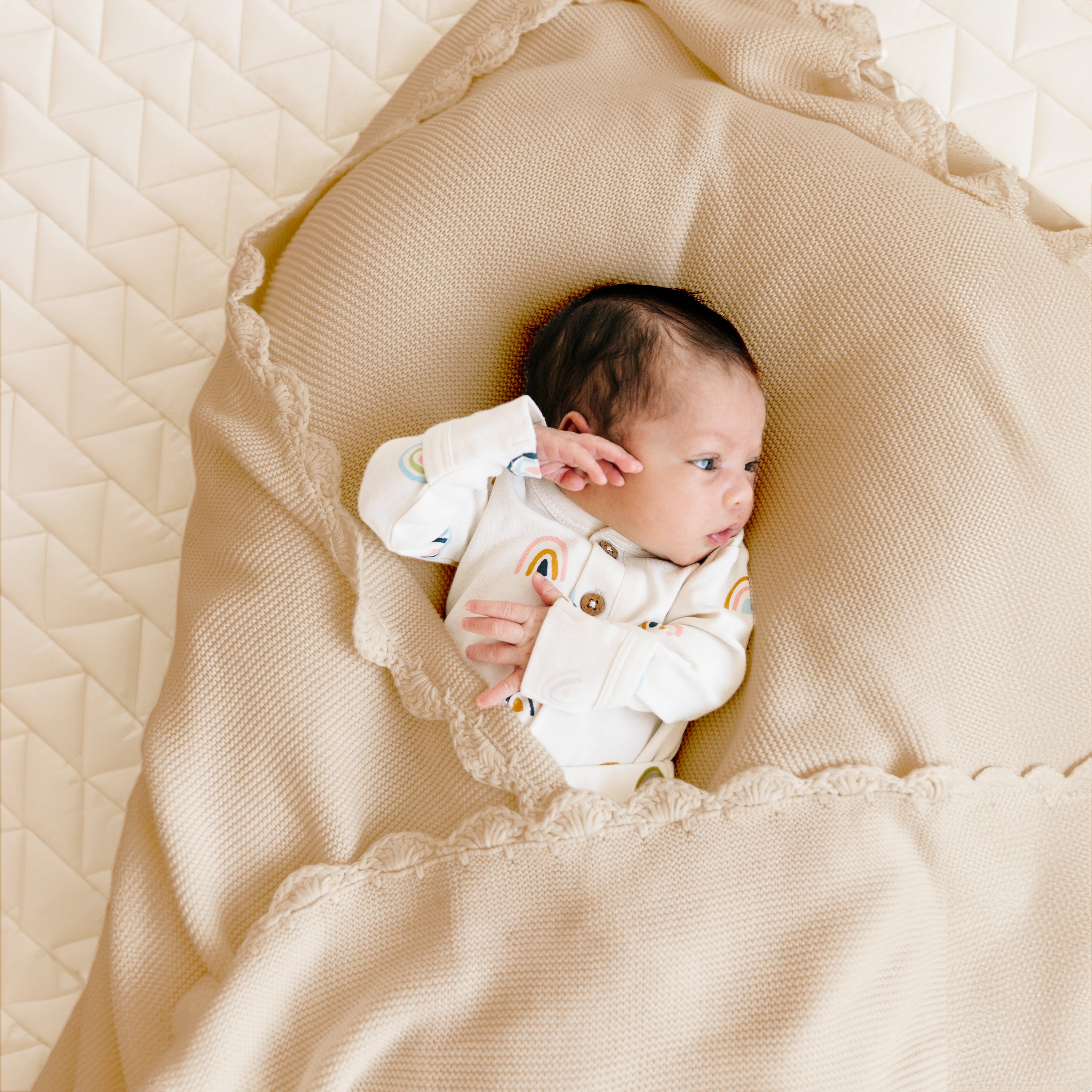 Organic Cotton Scalloped Baby Knit Blanket - Sand (Open Box) - Makemake Organics