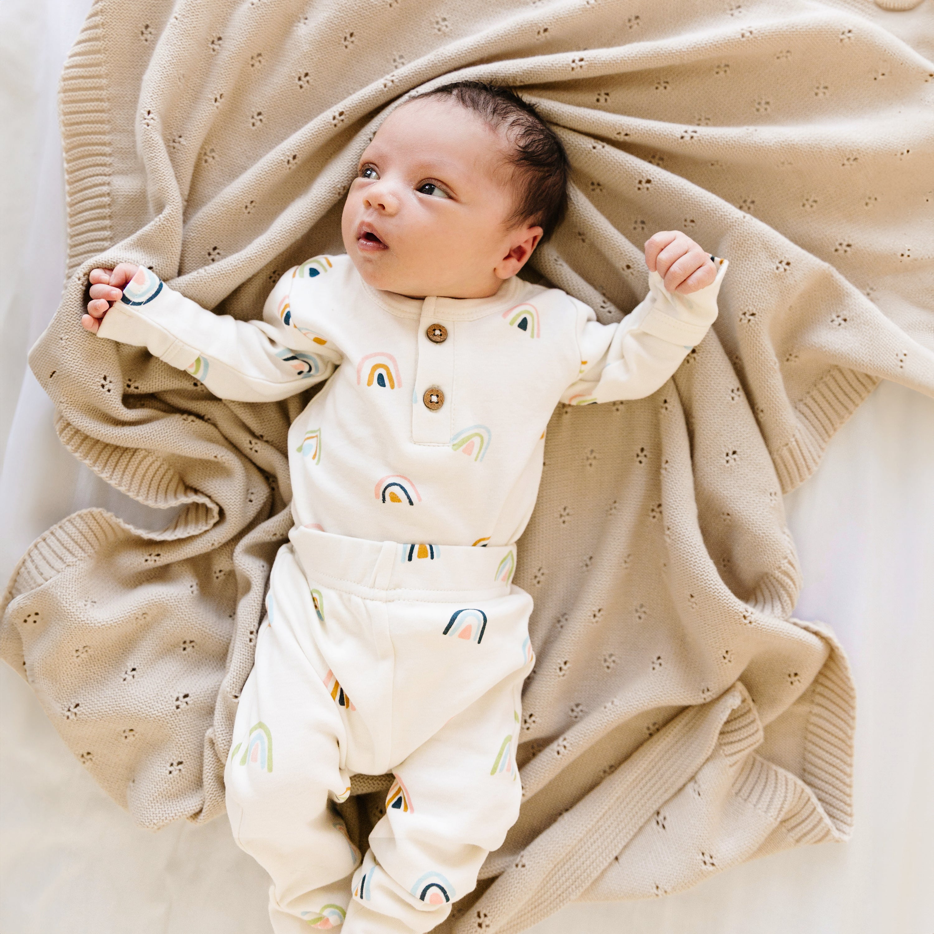 Organic Cotton Pointelle Baby Knit Blanket - Sand - Makemake Organics