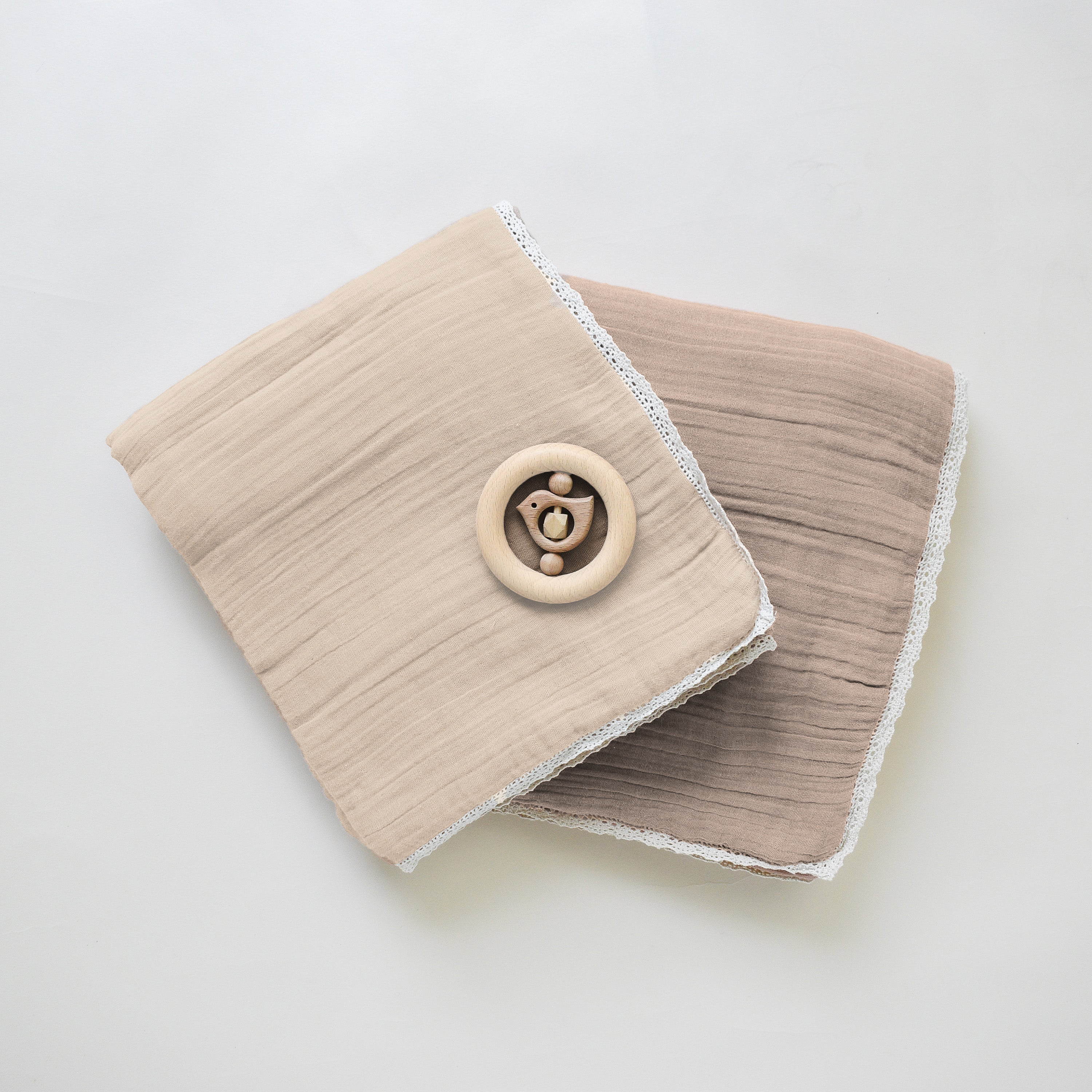 Organic Baby Blanket Muslin - Taupe + Natural Lace - Makemake Organics