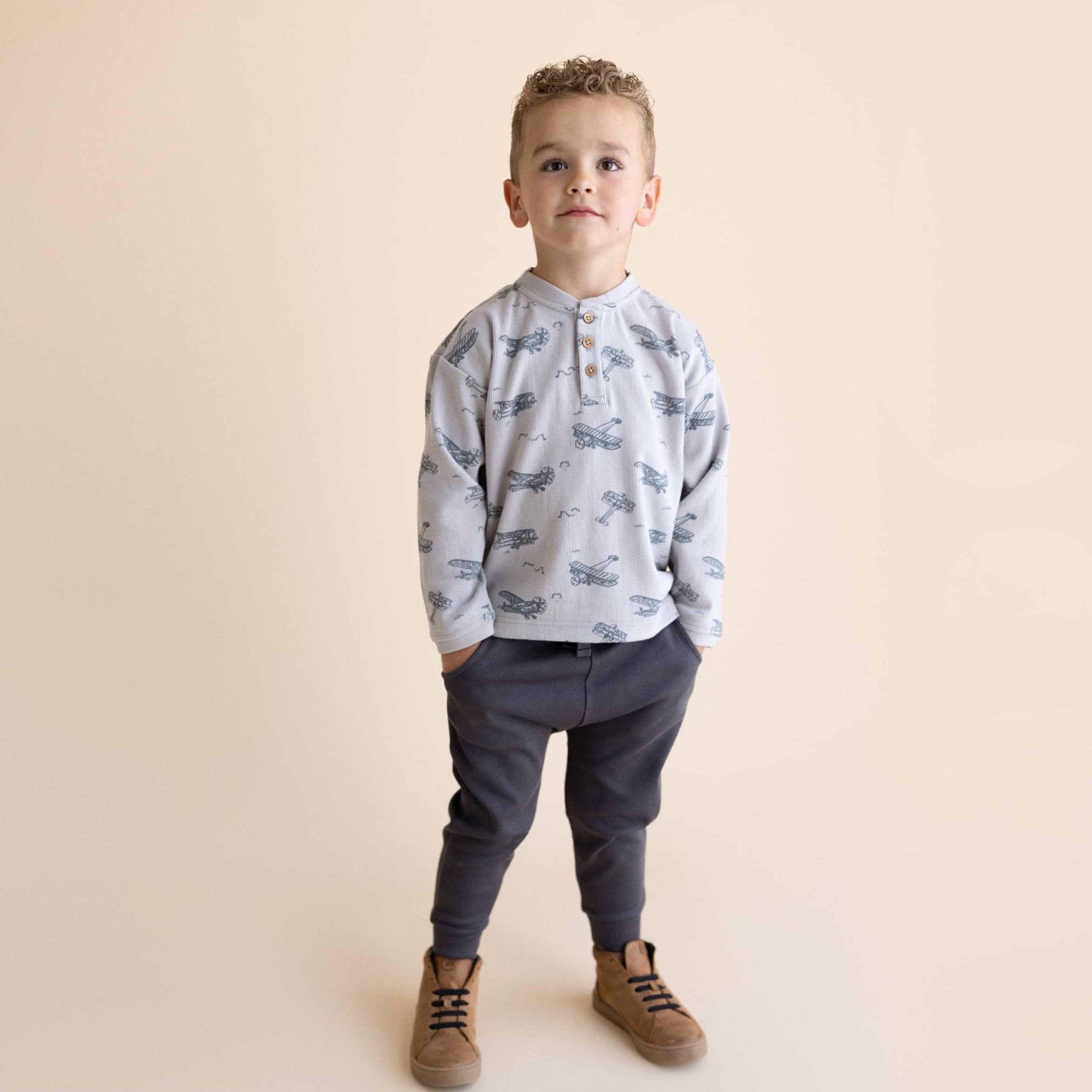 Organic Henley Tee - Airplanes - Makemake Organics