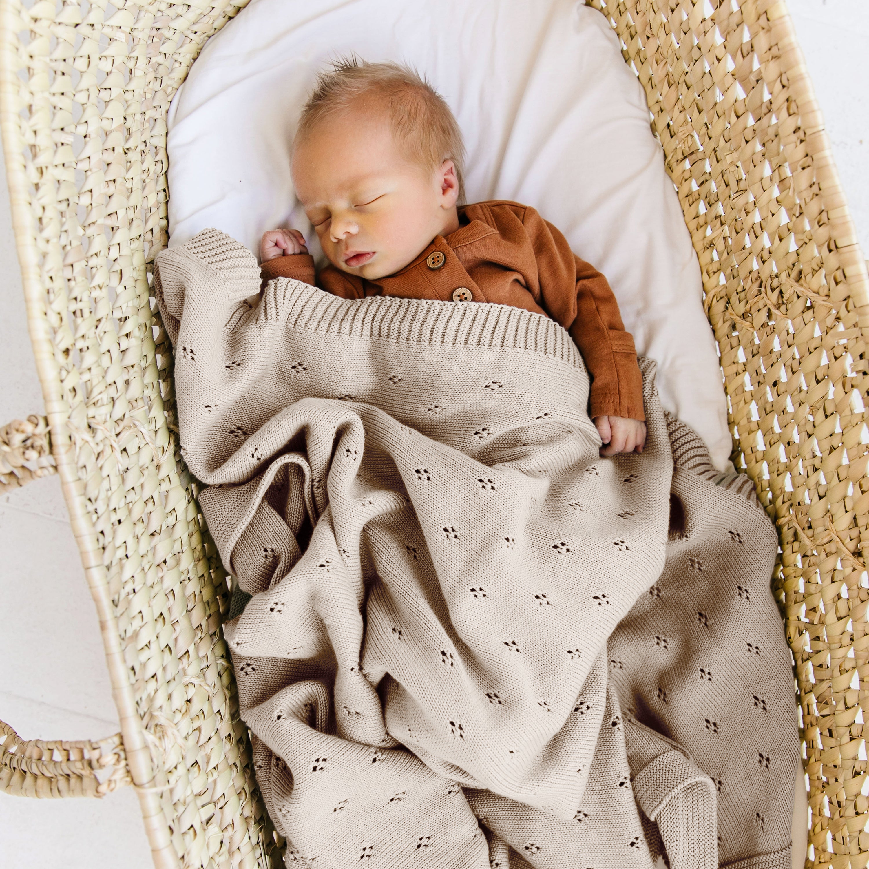 Organic Cotton Pointelle Baby Knit Blanket - Beige - Makemake Organics