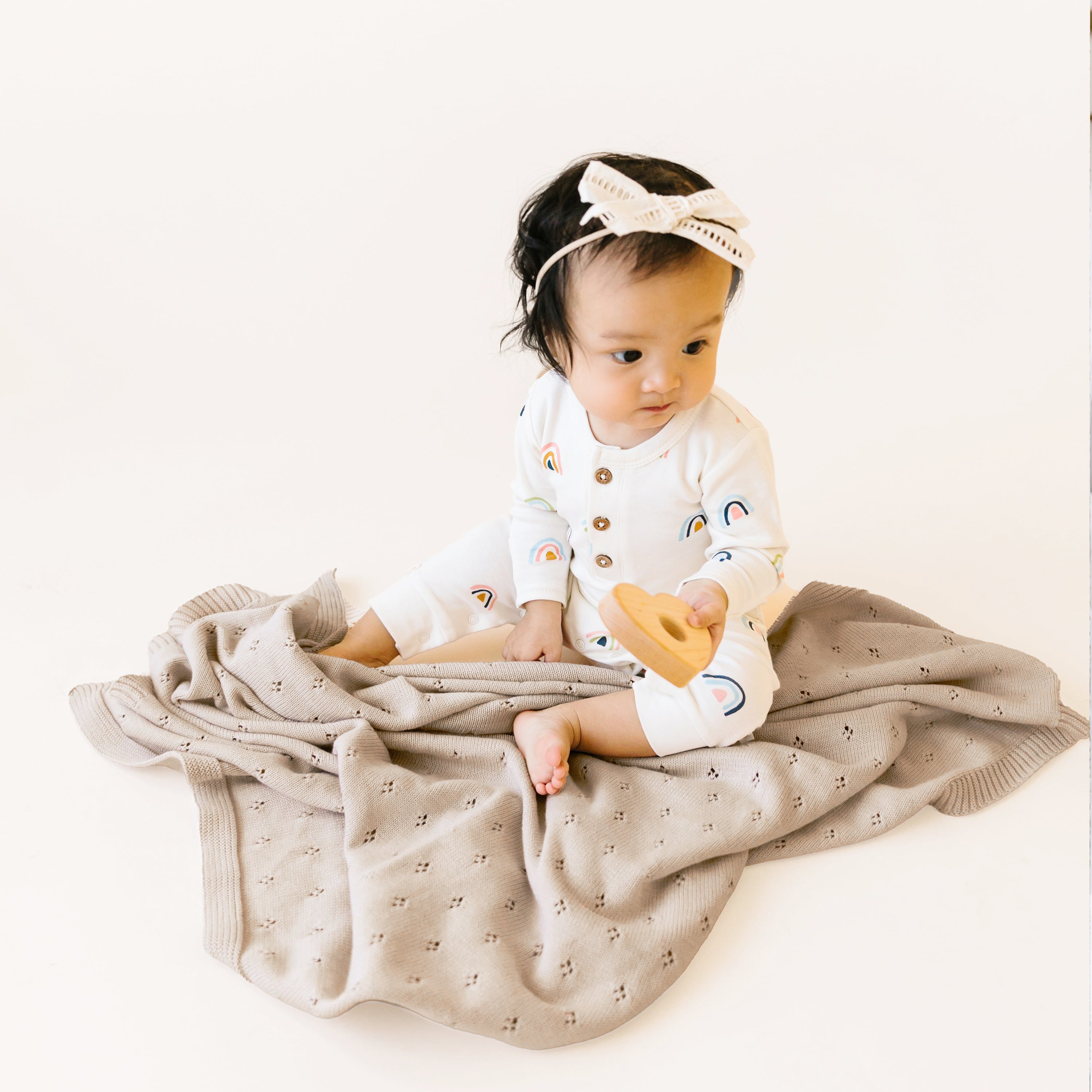 Organic Cotton Pointelle Baby Knit Blanket - Beige - Makemake Organics