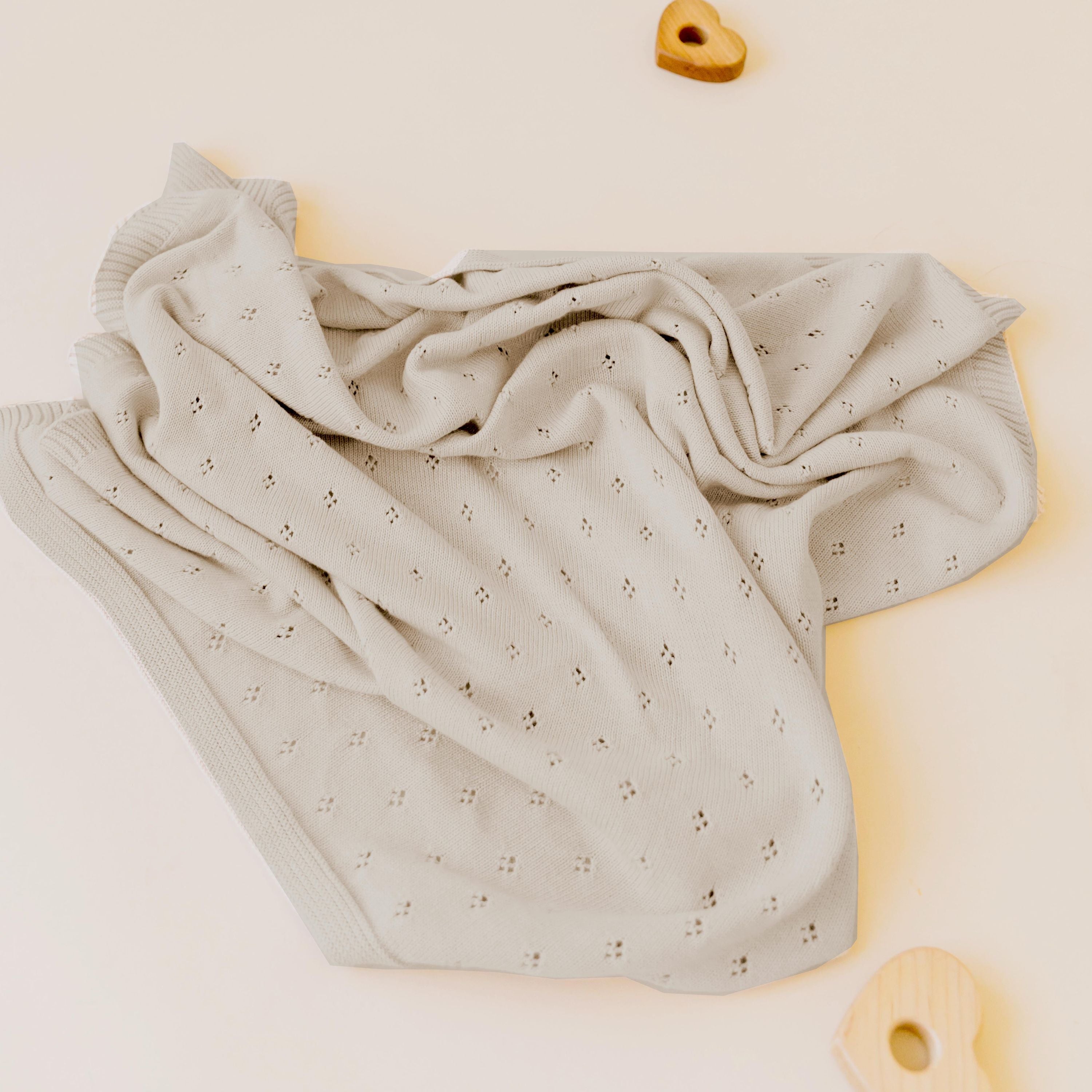 Organic Cotton Pointelle Baby Knit Blanket - Beige - Makemake Organics