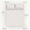 An image of a neatly arranged bedding set with small floral patterns, labeled as Makemake Organics Organic Cotton Sheet Set - Blossom, gots certified, non-toxic, ultra soft, breathable, and featuring snug & secure elastic fit. includes two pillowcases.