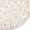 Circular play mat with a floral pattern featuring soft pink flowers and green leaves on a light beige background.
Product Name: Organic Cotton Quilted Reversible Play Mat - Blossom  / Ivory
Brand Name: Makemake Organics