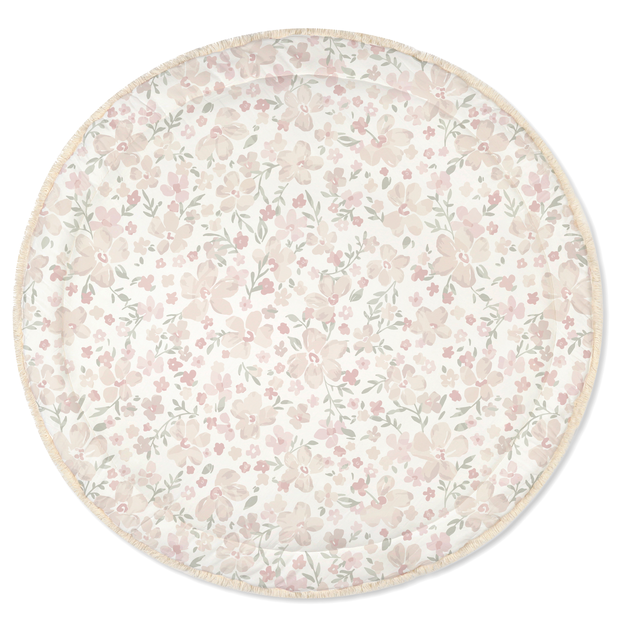 A round floral rug with a pattern of pink and green flowers and leaves on a cream background, bordered by a light beige edge.