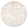 A round floral rug with a pattern of pink and green flowers and leaves on a cream background, bordered by a light beige edge.