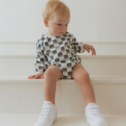 Organic Long Sleeve Bubble Romper - Cabin Checks - Makemake Organics