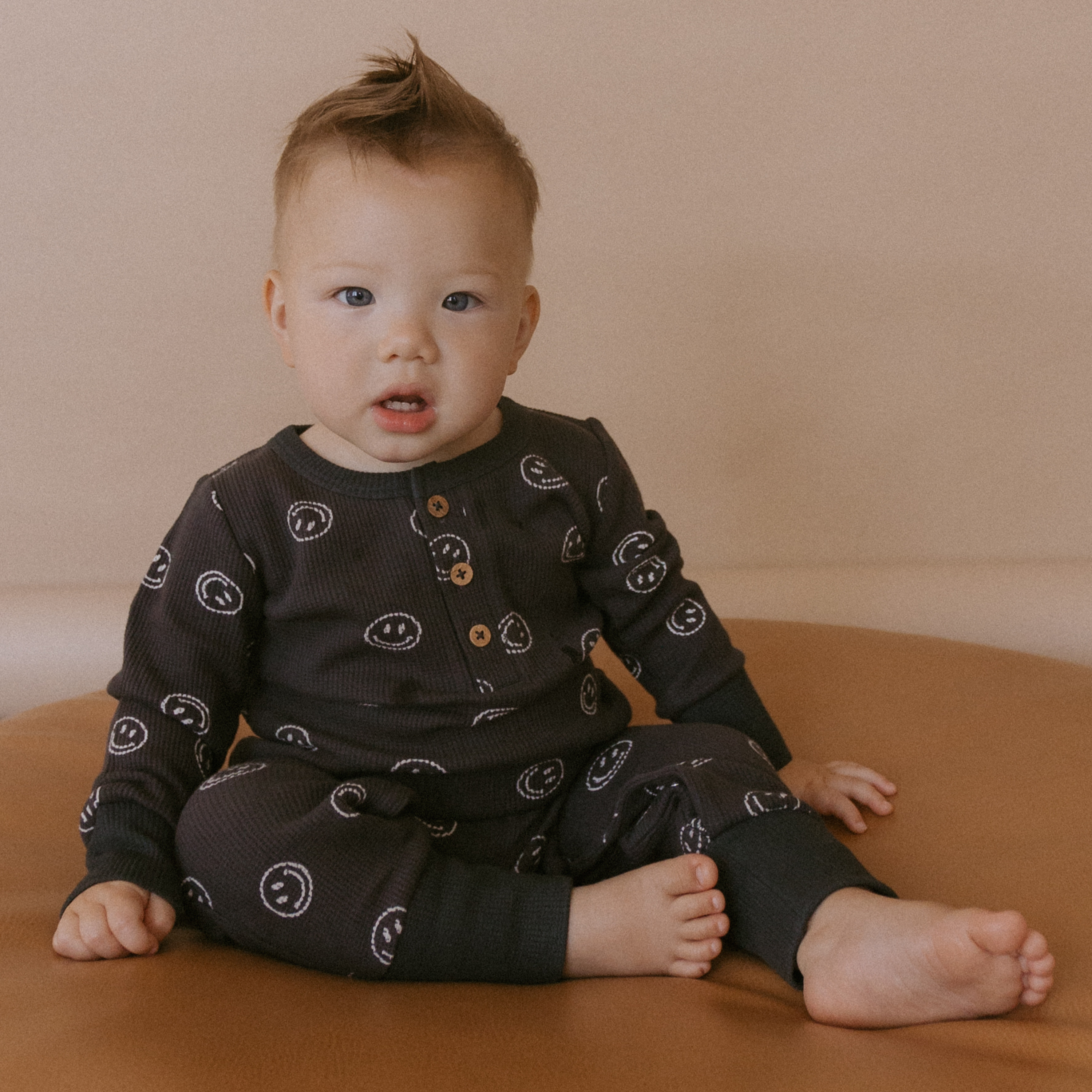 Organic Button Romper - Happy Face - Makemake Organics