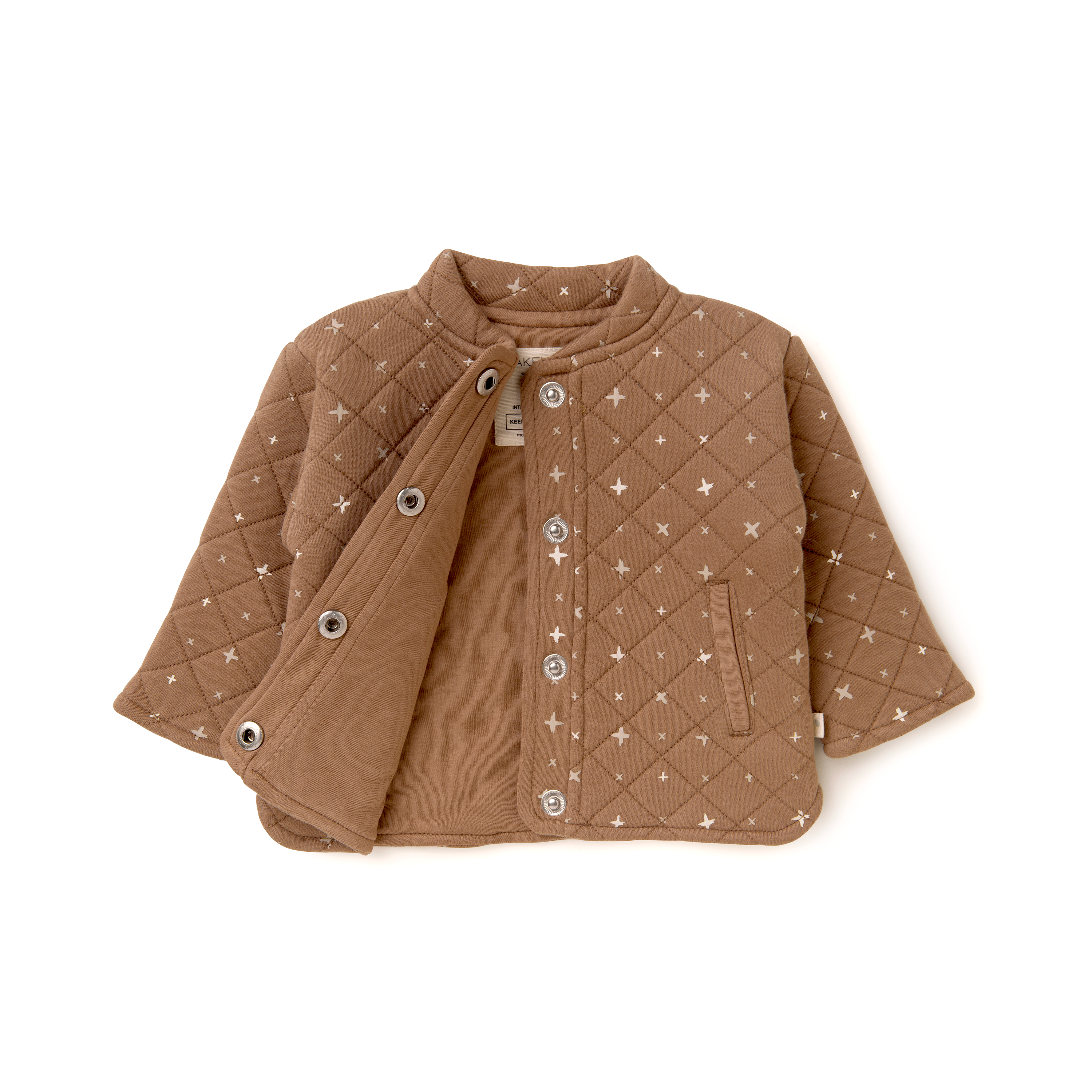 A beige Organic Merino Wool Buttoned Jacket - Sparkle from Organic Kids with a quilted design and snap buttons, displayed flat on a white background.