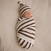 Organic Swaddle Blanket & Hat Set - Cocoa Stripe
