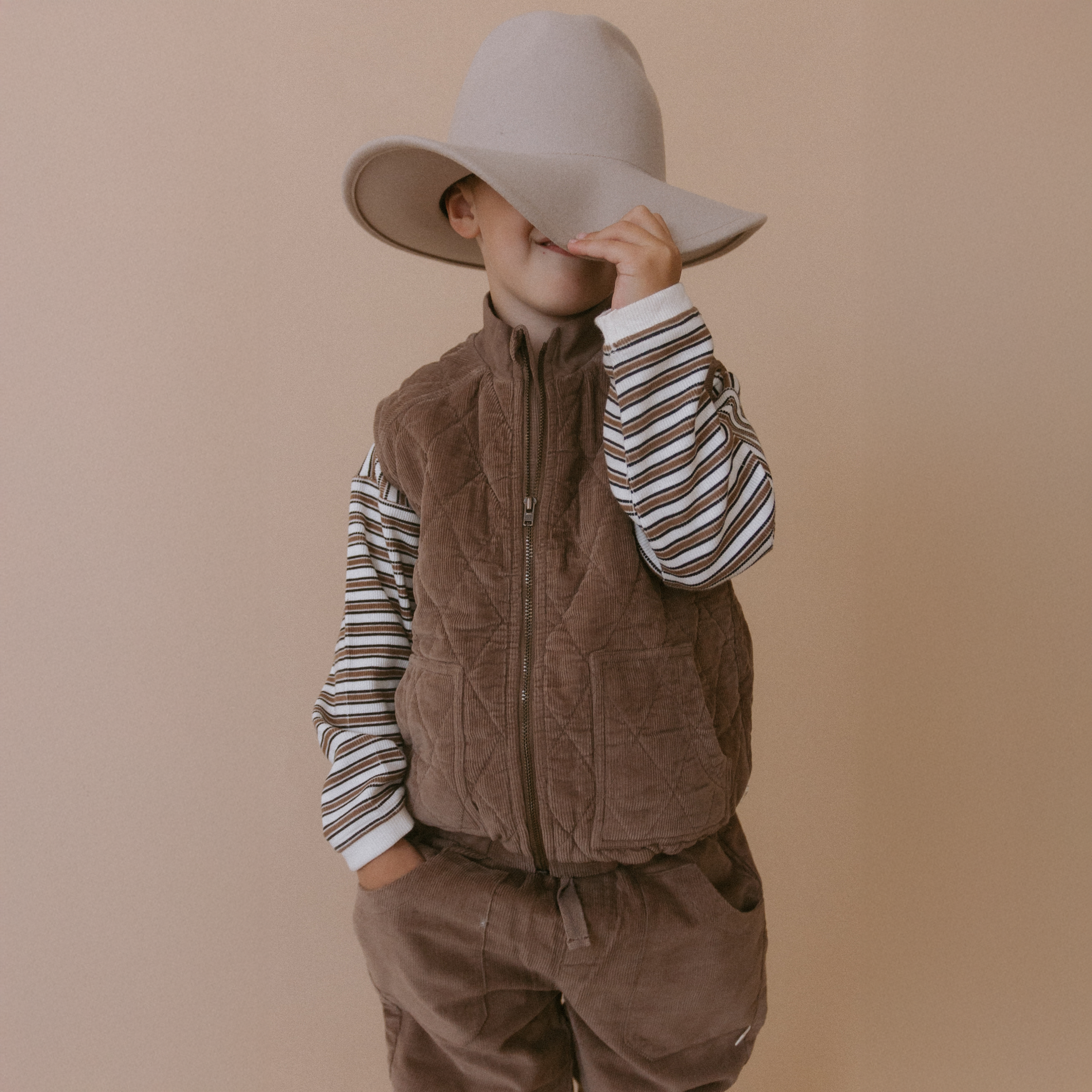 Organic Sleeveless Quilted Corduroy Jacket - Dark Brown - Makemake Organics
