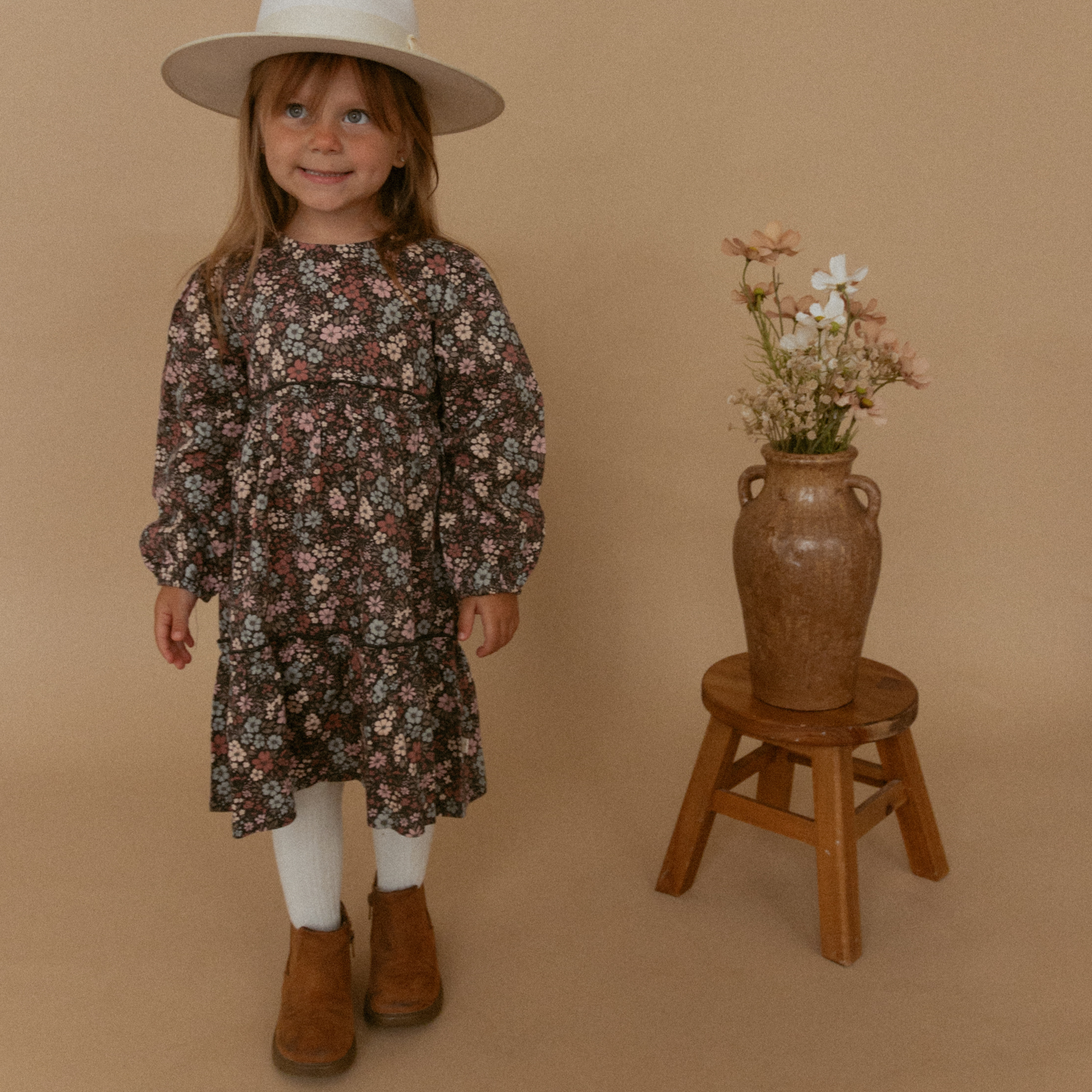 Organic Long Sleeve Tiered Dress - Bohemian Floral - Makemake Organics
