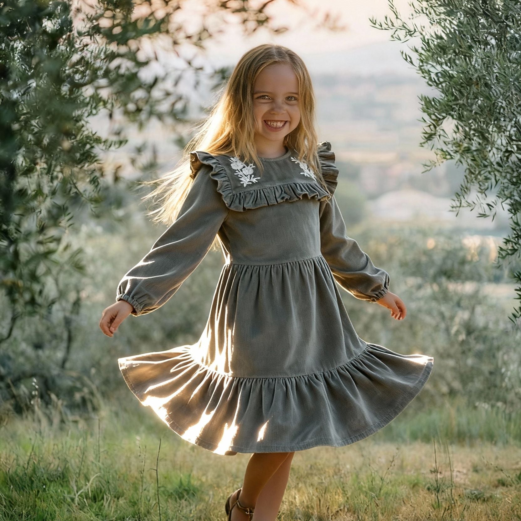 Makemake Organics Organic Embroidered Corduroy Dress - Olive Makemake Organics Organic Embroidered Corduroy Dress - Olive