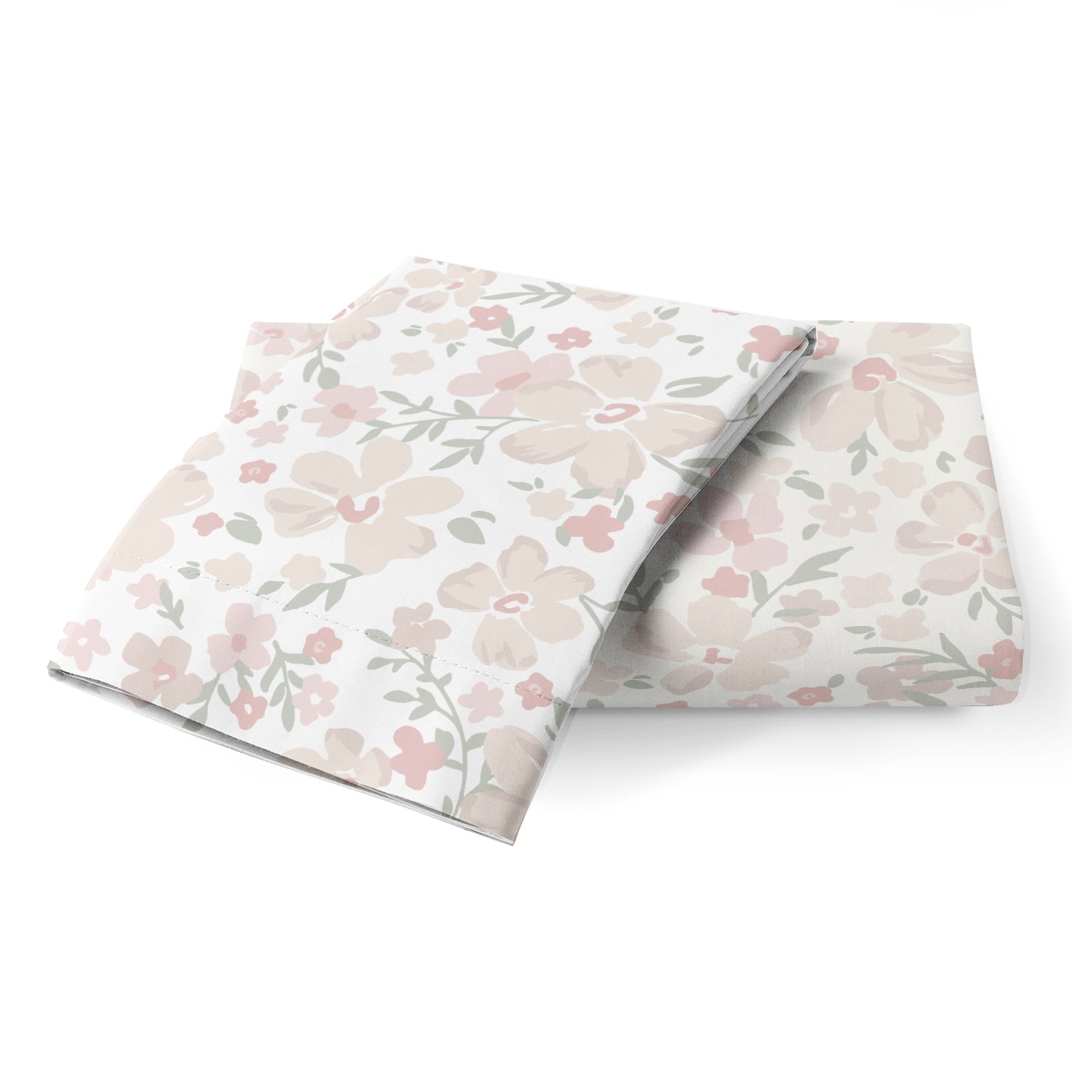 A pair of folded Blossom Organic Cotton Toddler Pillowcases with a pink and green flower pattern on a white background by Makemake Organics.
