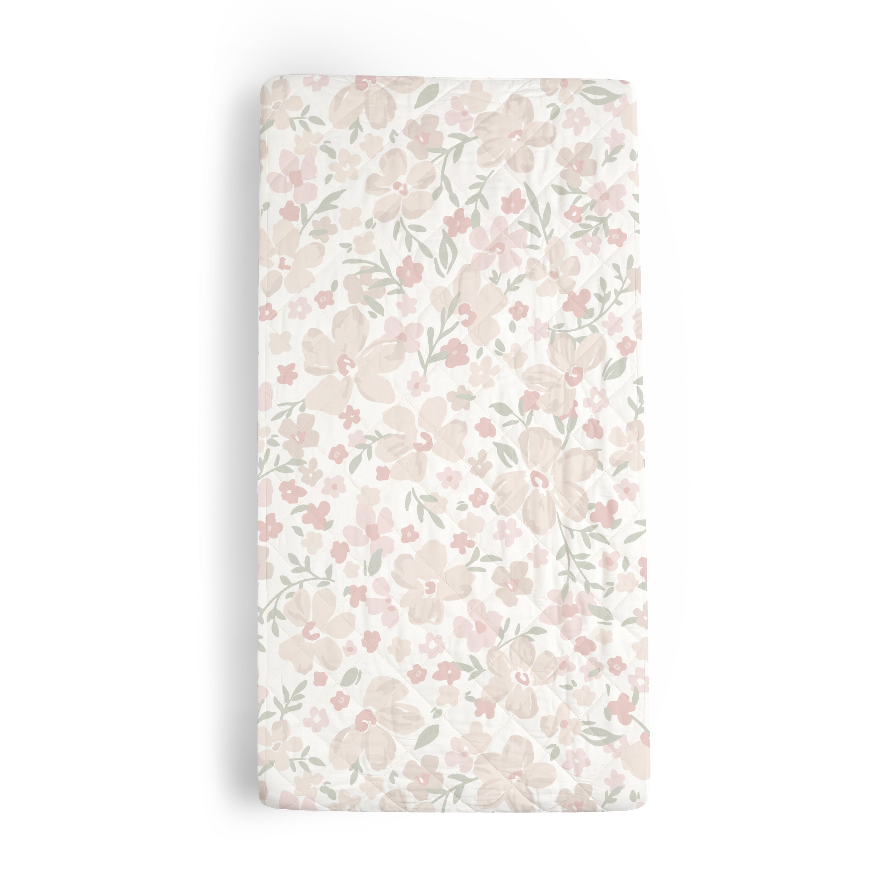 A Makemake Organics Organic Cotton Changing Pad Cover - Blossom with soft hues of pink, green, and cream depicted vertically, suggesting a gentle and calming design suitable for a restful bedroom environment.