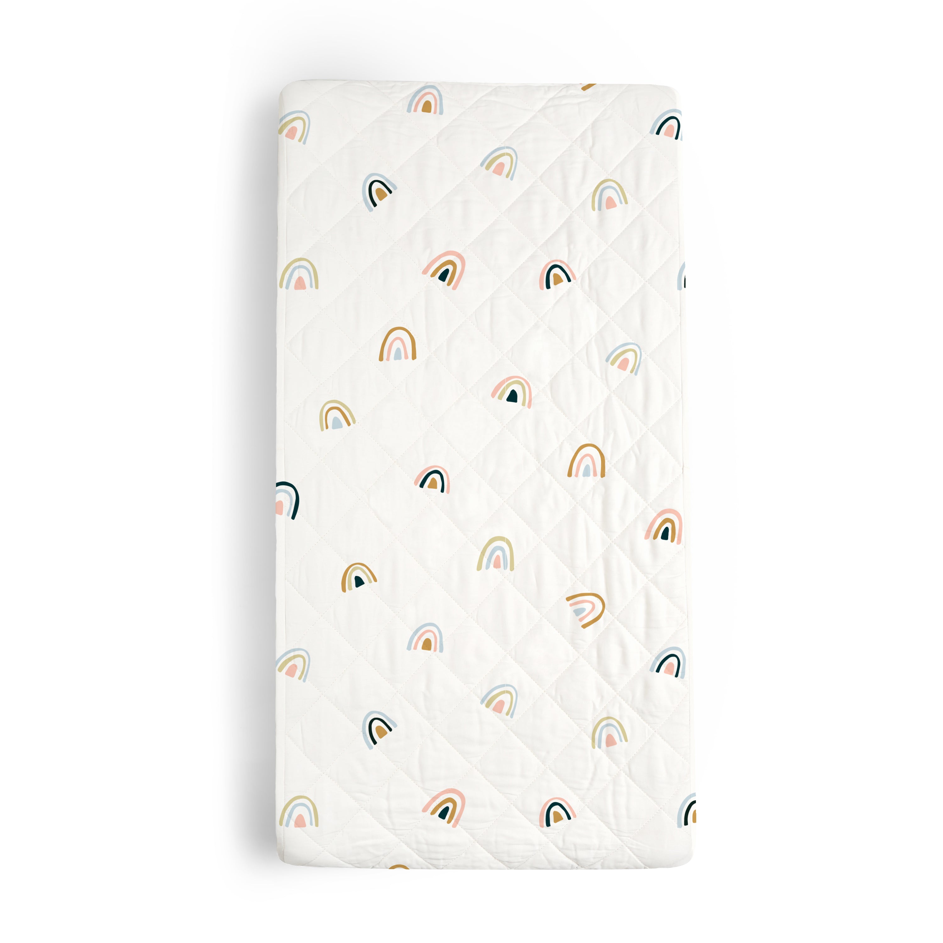 A Makemake Organics Organic Cotton Changing Pad Cover - Rainbow with a white background featuring a pattern of colorful rainbows in shades of pink, blue, and orange, displayed in a vertical orientation.