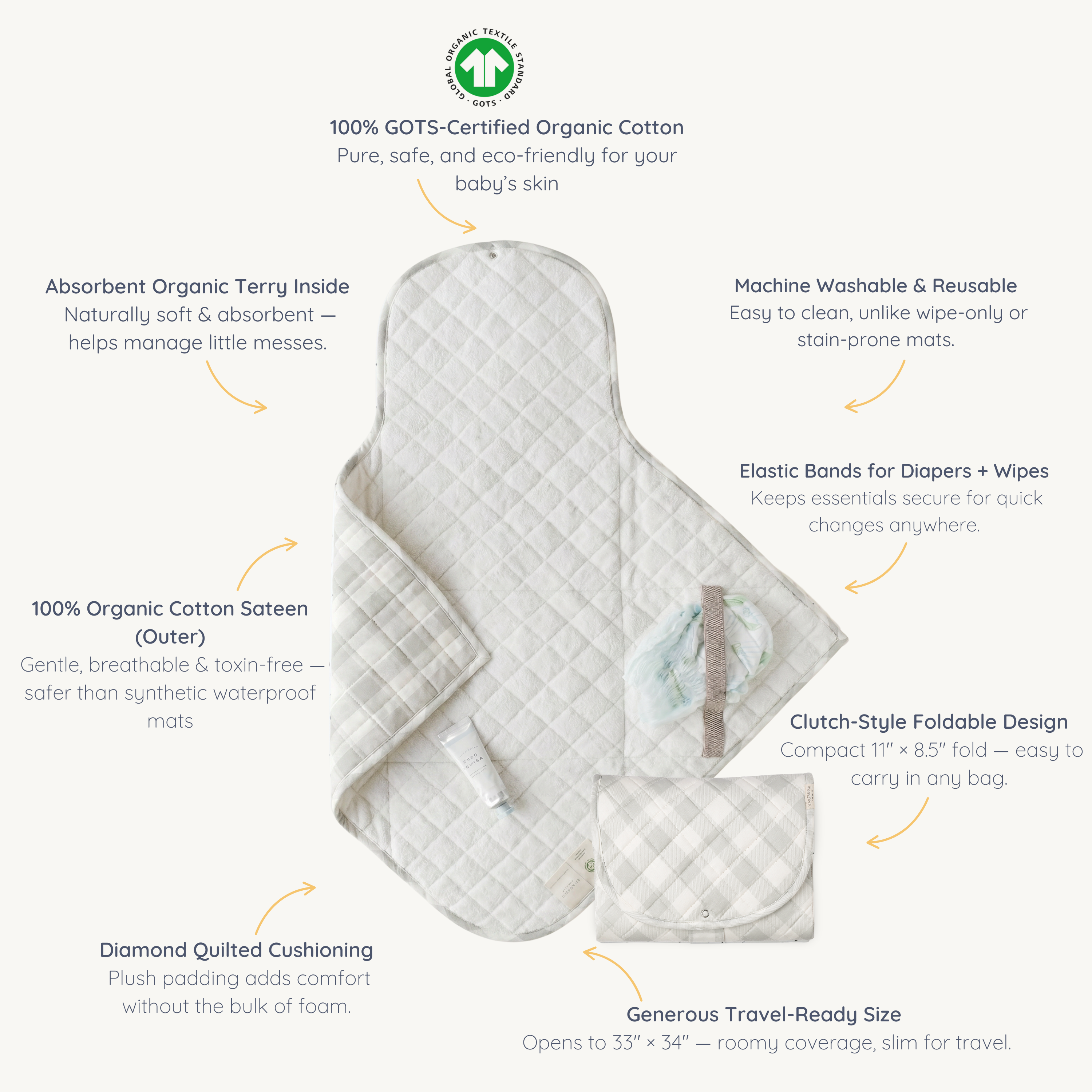 Organic Portable Changing Mat - Plaid Grey - Makemake Organics