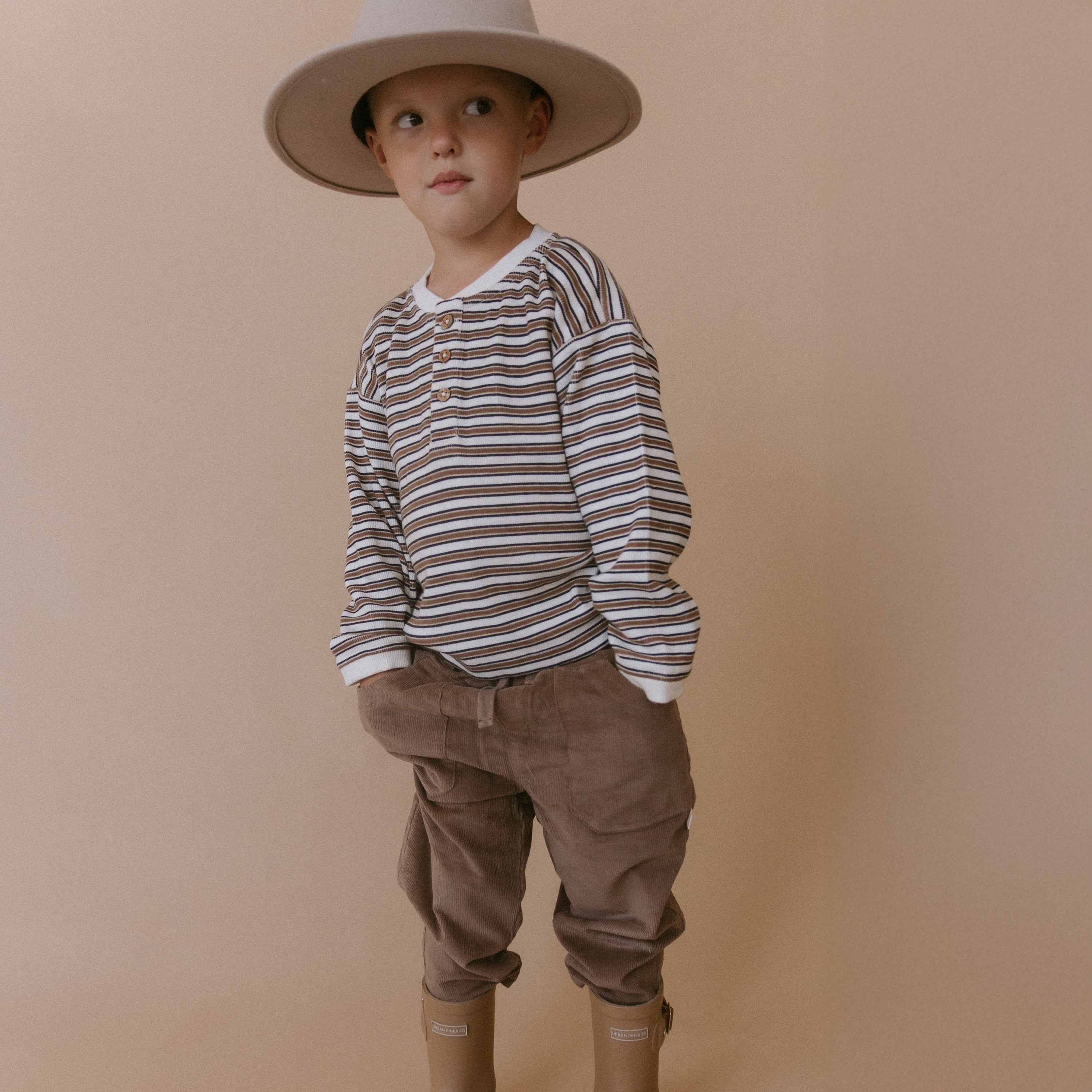 Organic Henley Tee - Brown Stripe - Makemake Organics