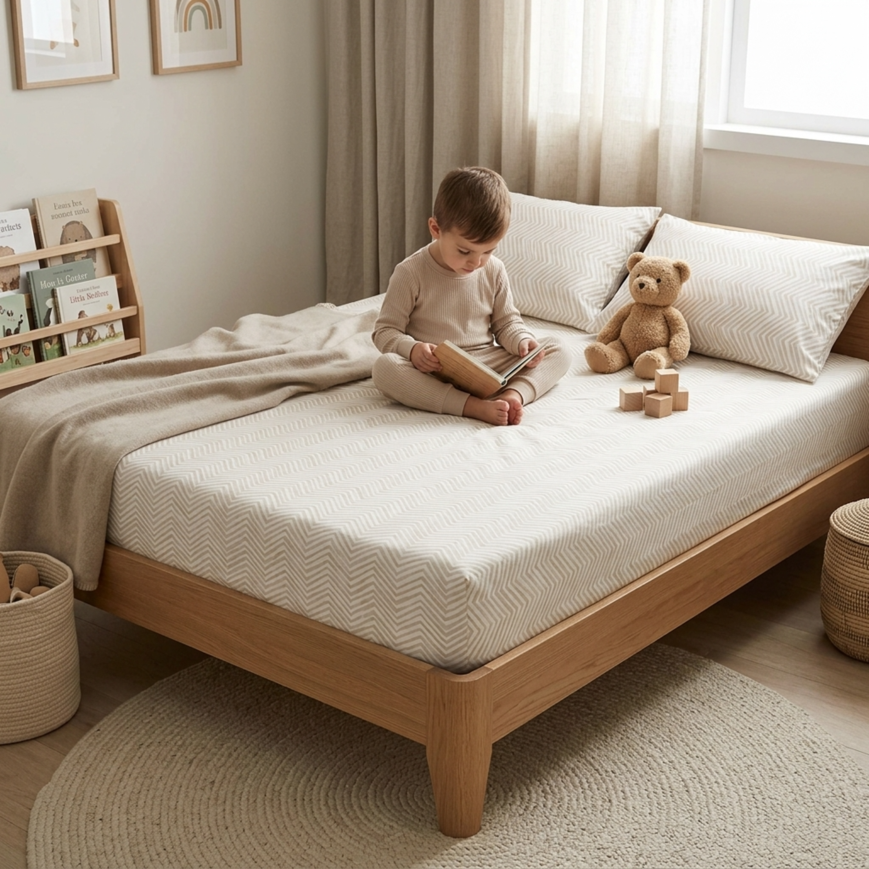 Organic Kids Fitted Sheet - Herringbone - Makemake Organics
