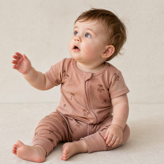 Organic Short Sleeve Zip Romper - Island Palm - Makemake Organics