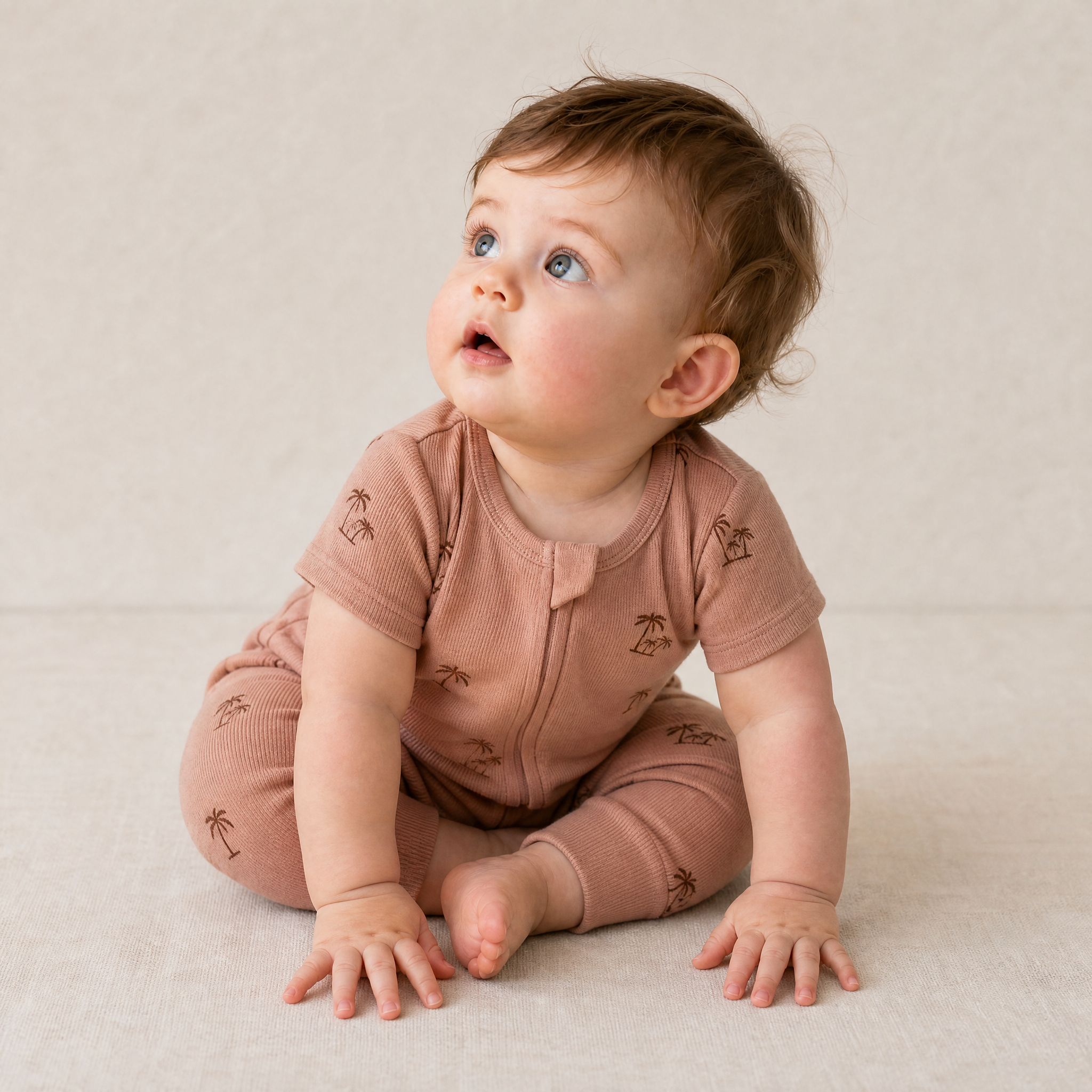 Organic Short Sleeve Zip Romper - Island Palm - Makemake Organics