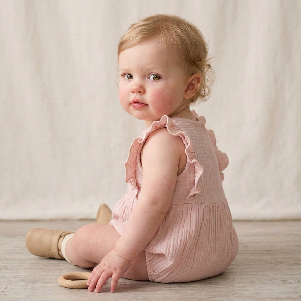 Organic Embroidered Ruffle Romper - Blush - Makemake Organics