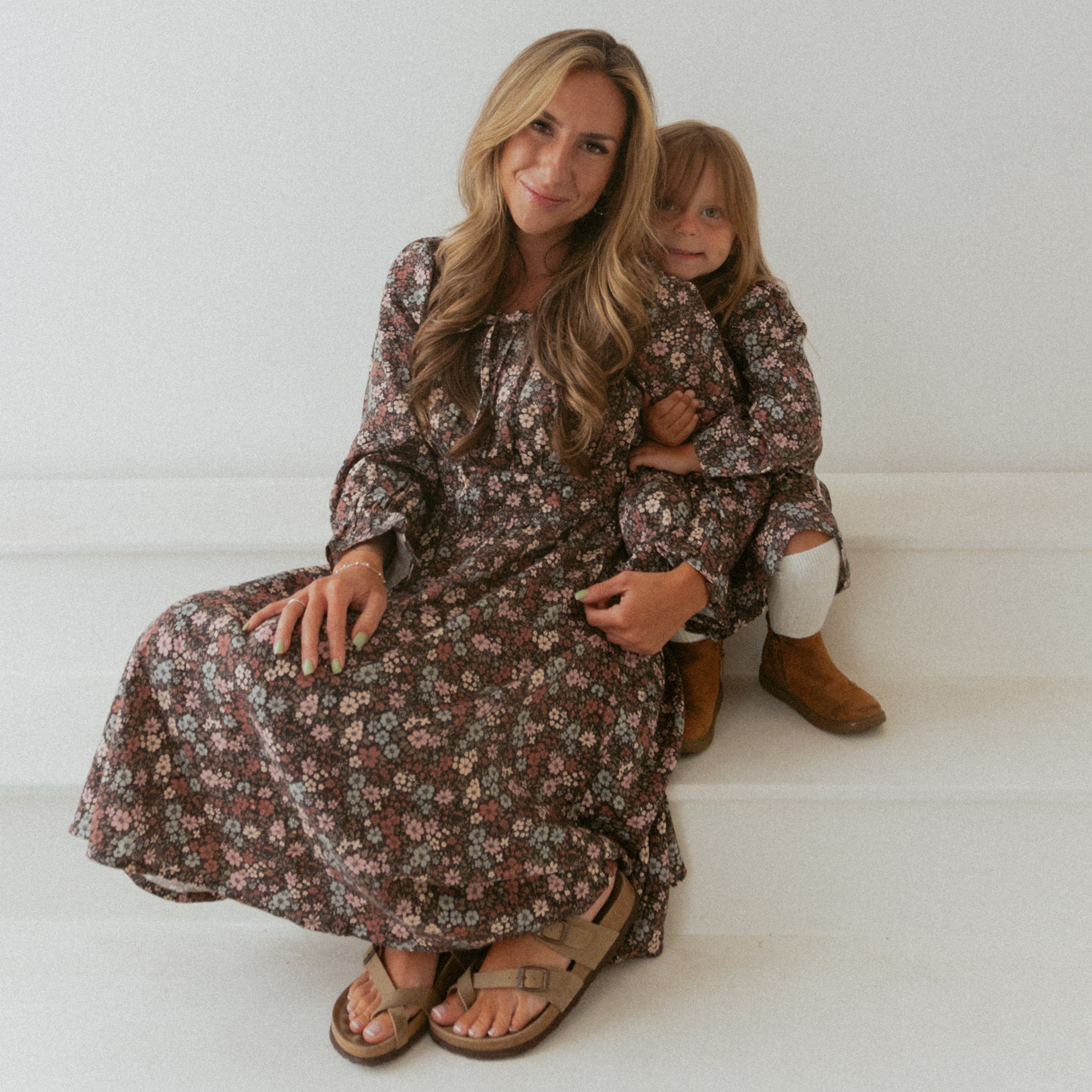 Organic Long Sleeve Ruffle Dress - Bohemian Floral - Makemake Organics