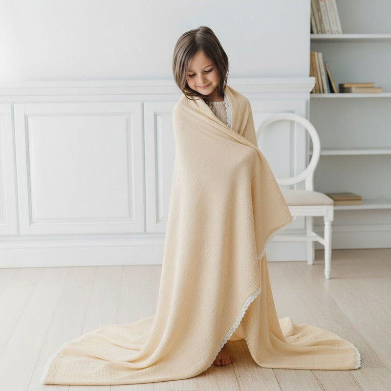 Organic Cotton Muslin Blanket Oat Ivory Lace in Sizes Baby