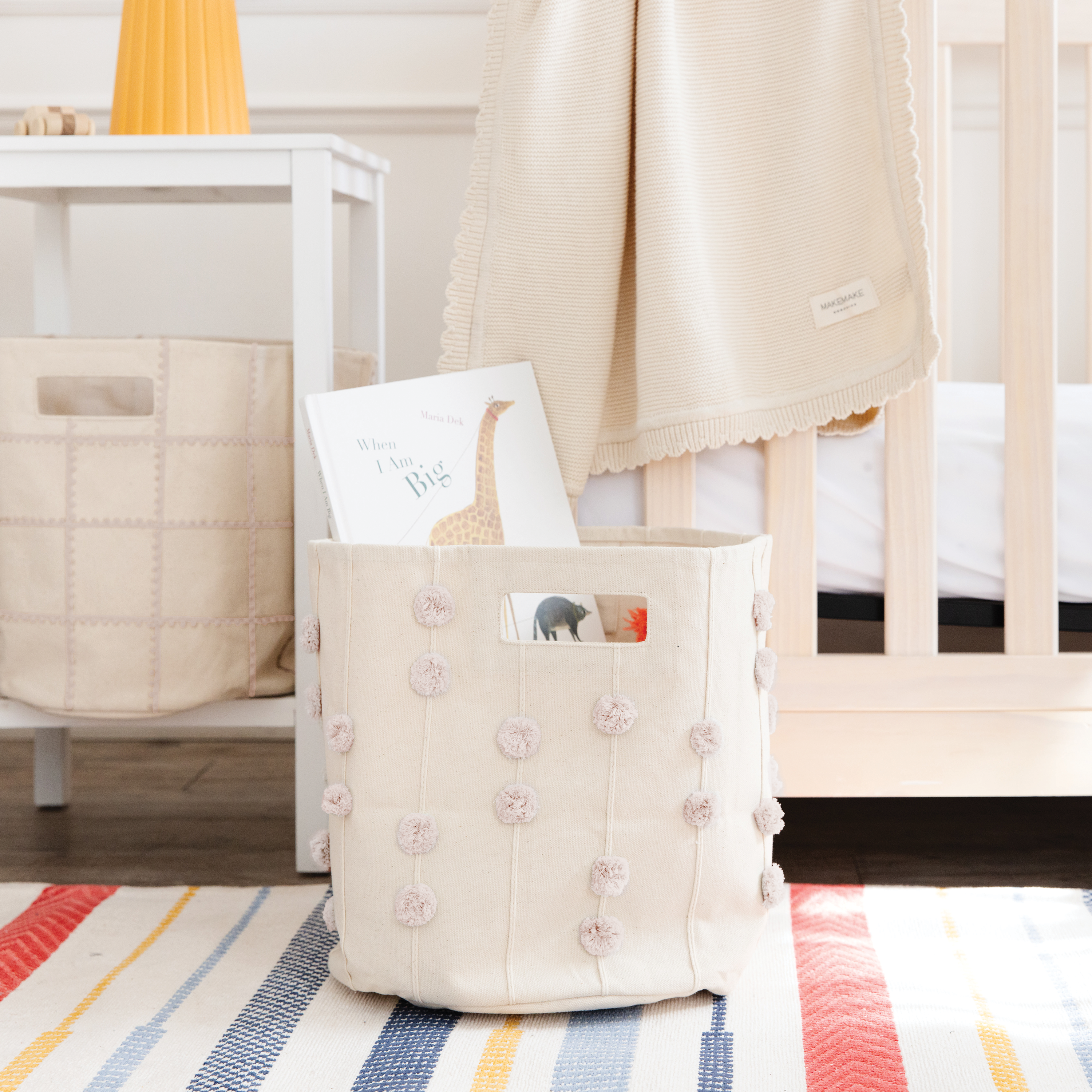 Handmade Canvas Storage Basket Pom Pom - Blush Oat - Makemake Organics