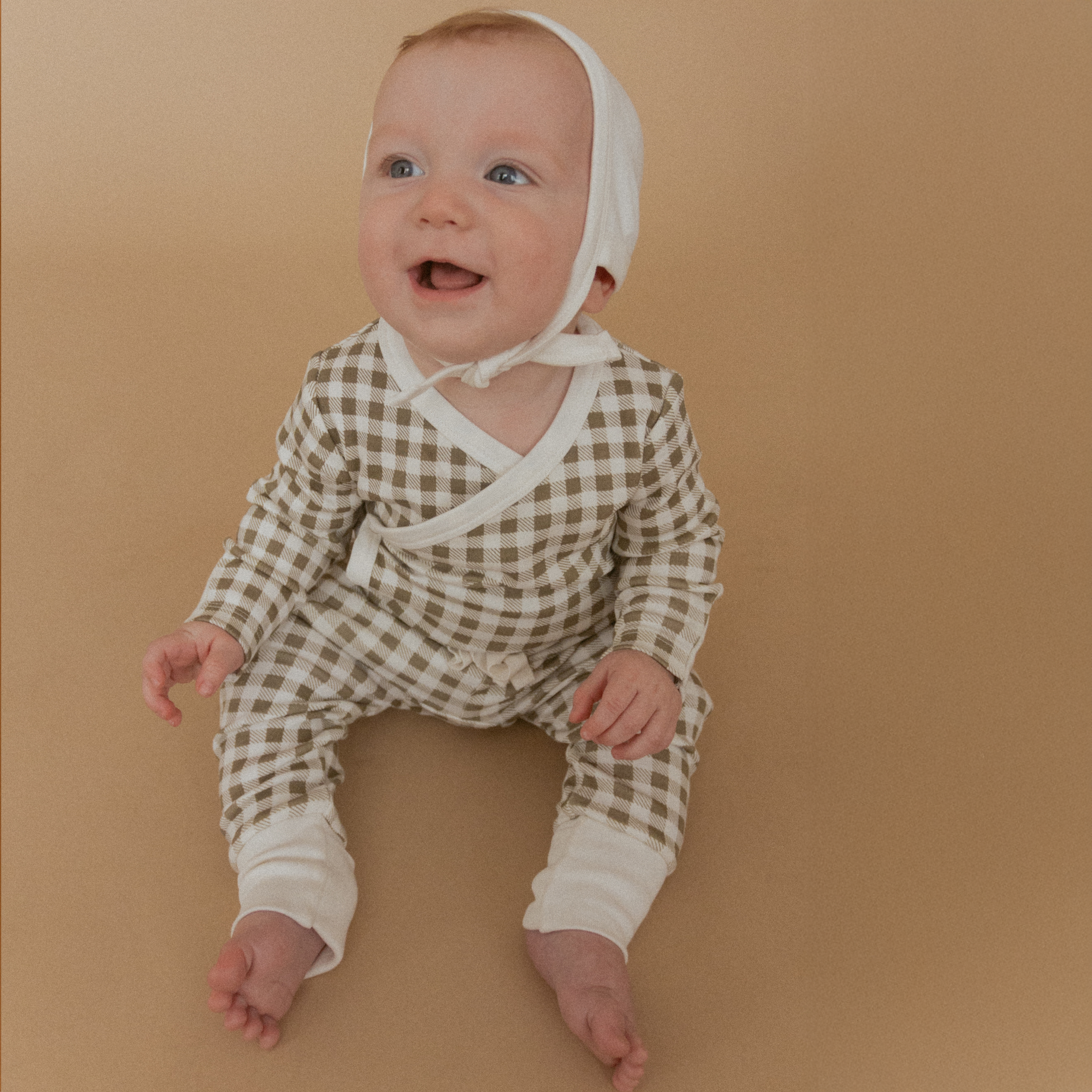 Organic Kimono Onesie & Pants Set - Olive Gingham - Makemake Organics