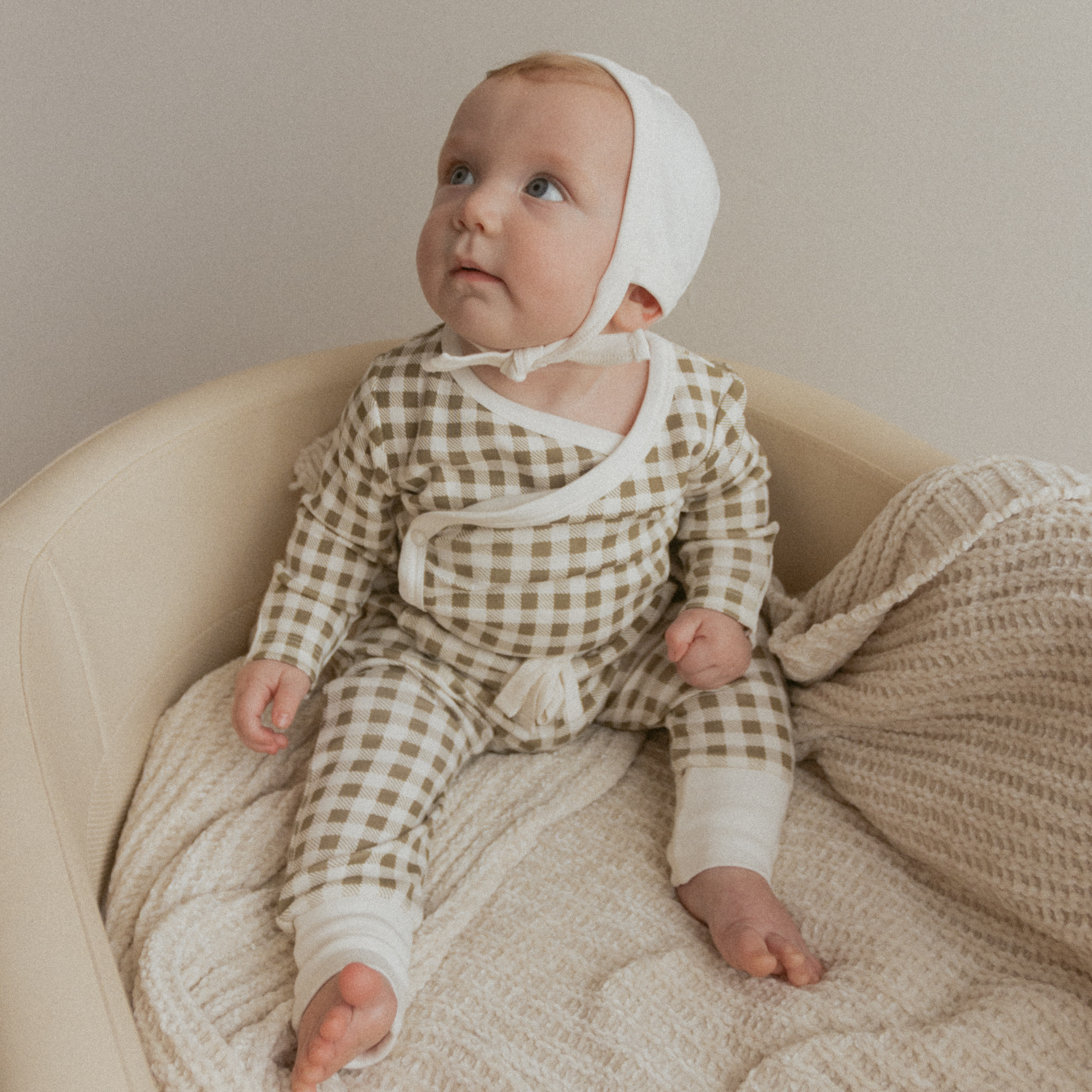 Organic Kimono Onesie &amp; Pants Set - Olive Gingham - Makemake Organics