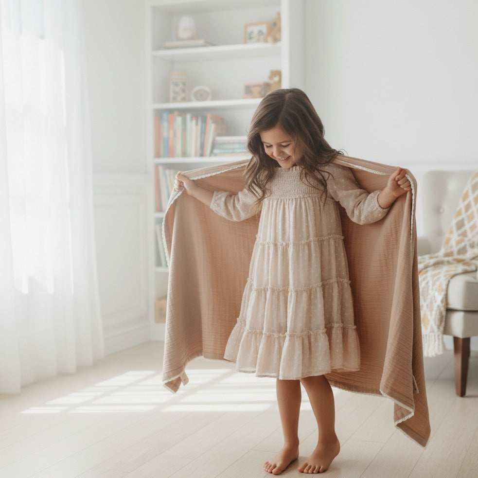 Organic Baby Blanket Muslin - Pecan + Natural Lace - Makemake Organics