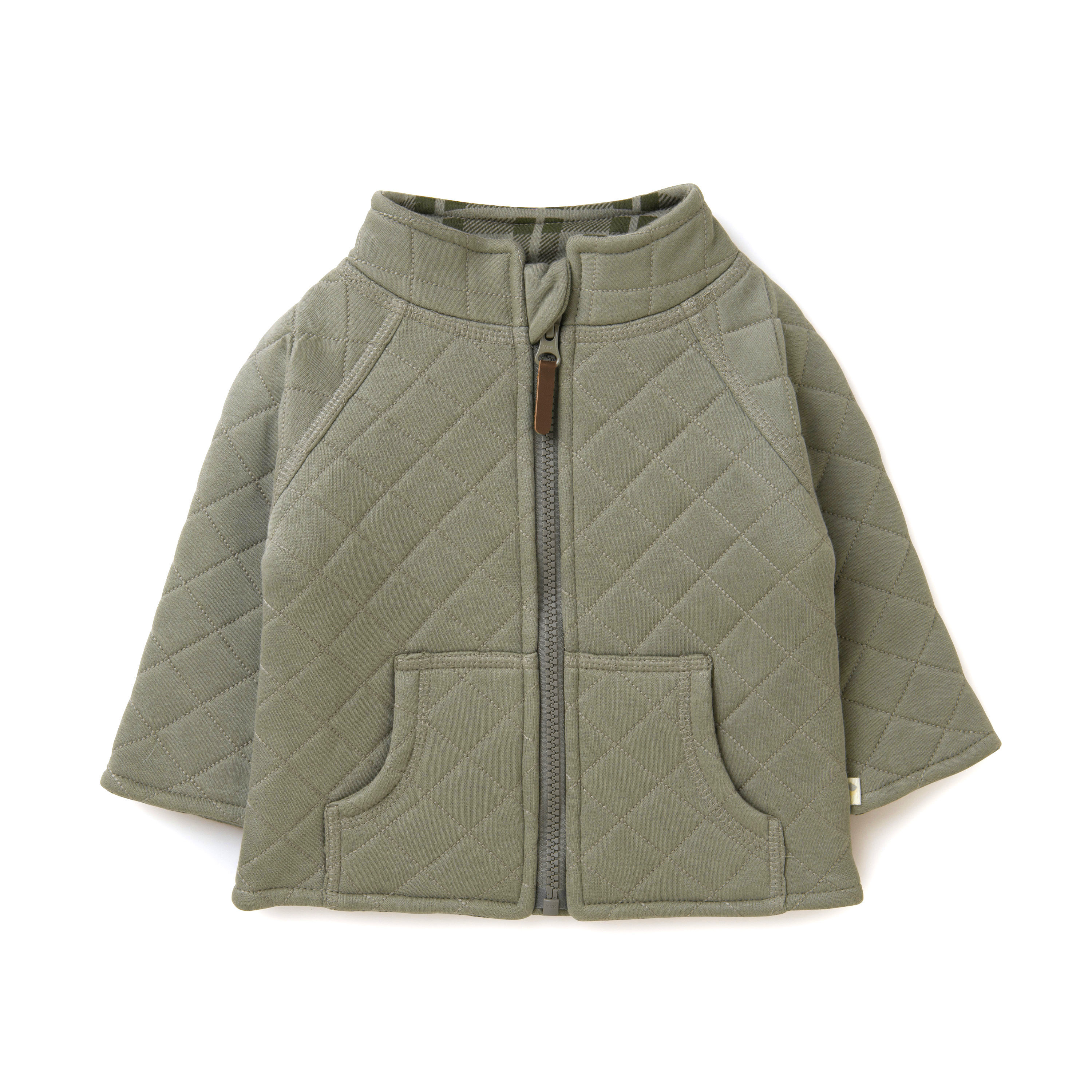 A Organic Kids olive green quilted jacket with a high collar and front zipper, displayed against a white background. The jacket has two visible front pockets.