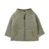 A Organic Kids olive green quilted jacket with a high collar and front zipper, displayed against a white background. The jacket has two visible front pockets.