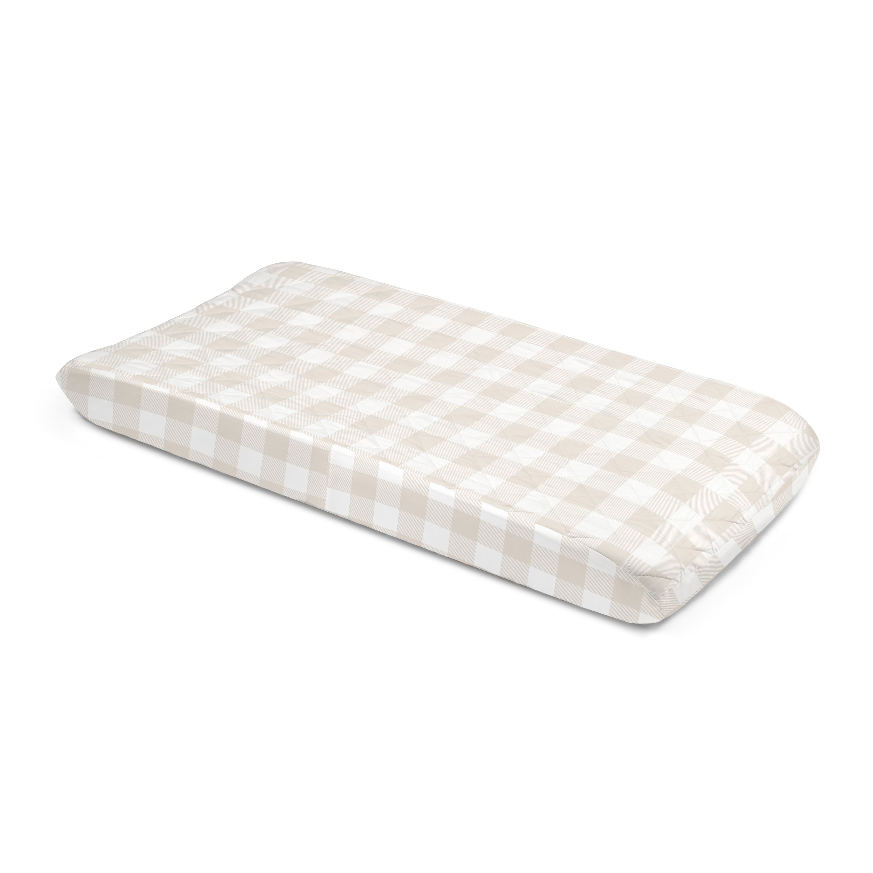 A beige and white checkered Organic Cotton Changing Pad Cover - Plaid by Makemake Organics isolated on a white background.