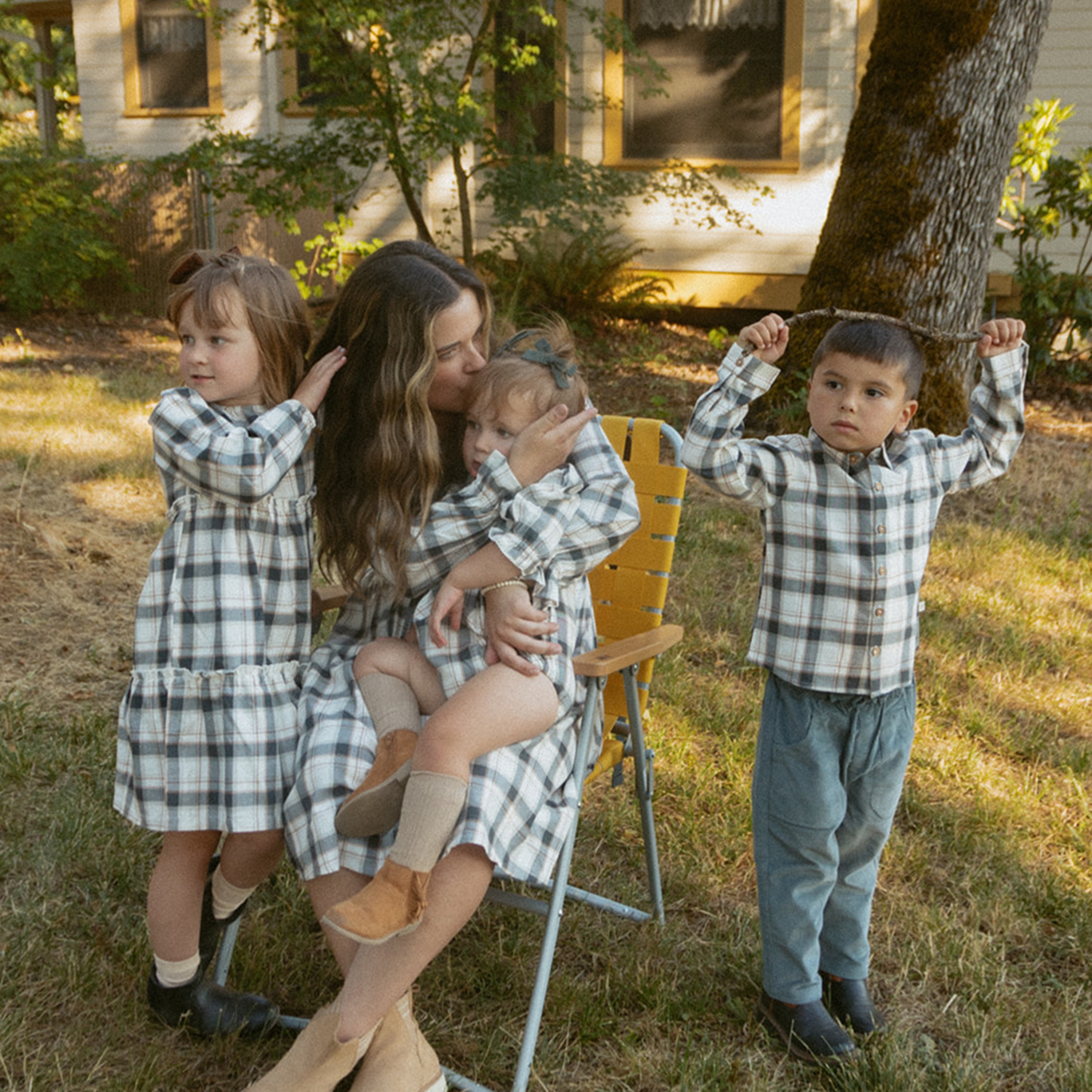 Organic Collared Long Sleeve Shirt - Plaid Checks - Makemake Organics