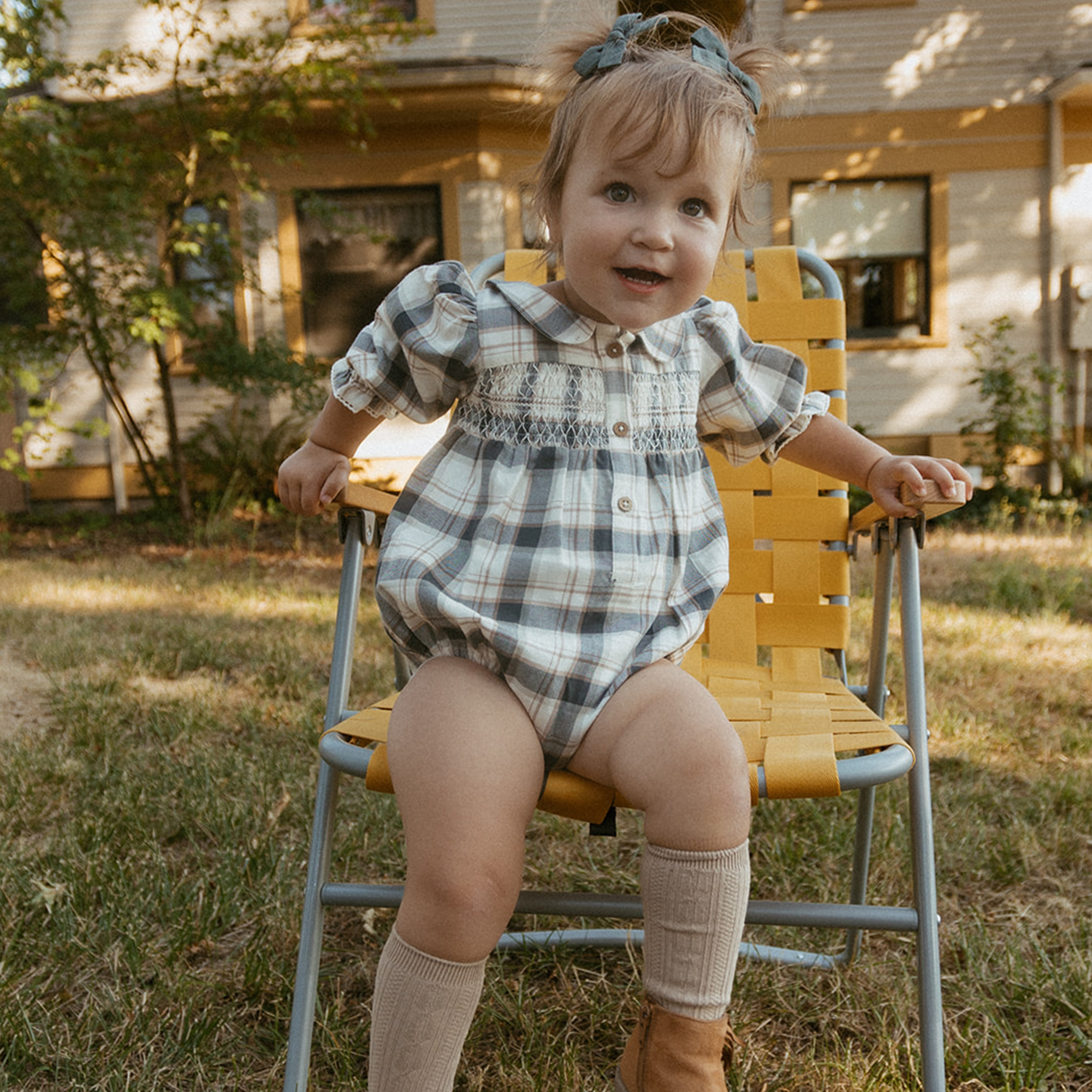 Organic Smocked Bubble Romper - Plaid Checks - Makemake Organics